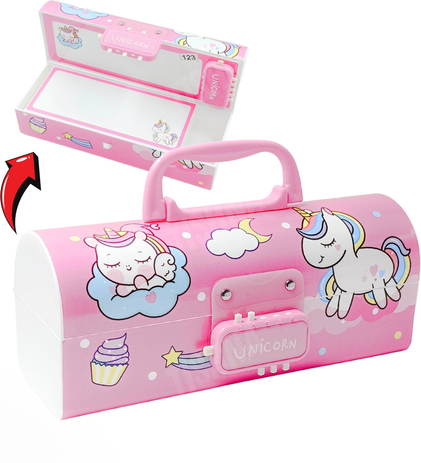 Image of tishna Unicorn Pencil Box with Style Dual Password Lock | Multi-Layer & Multi-Functional Large Capacity Plastic Case For Kids Art Plastic Pencil Box