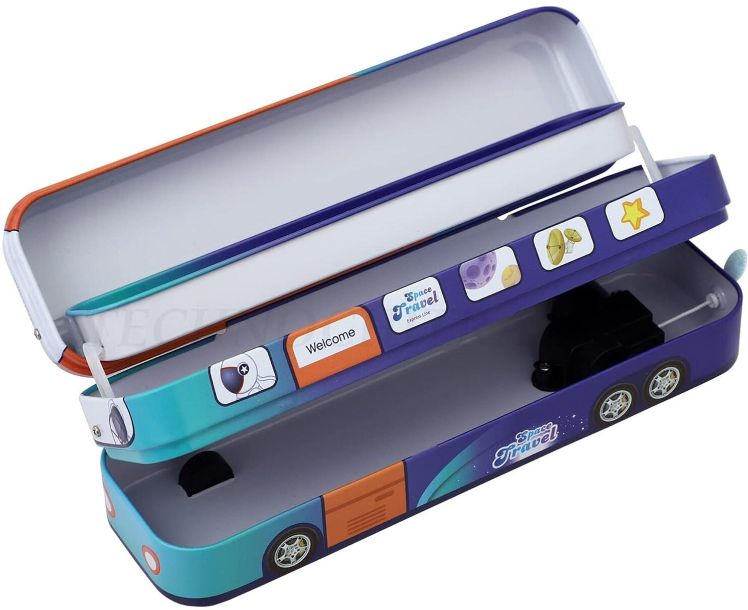 Image of Eclet 1pc School Bus Pencil Box 3D Metal Geometry Case with Functional Moving Tires & Integrated Sharpener Art Metal Pencil Box (Set of 1, Multicolor)