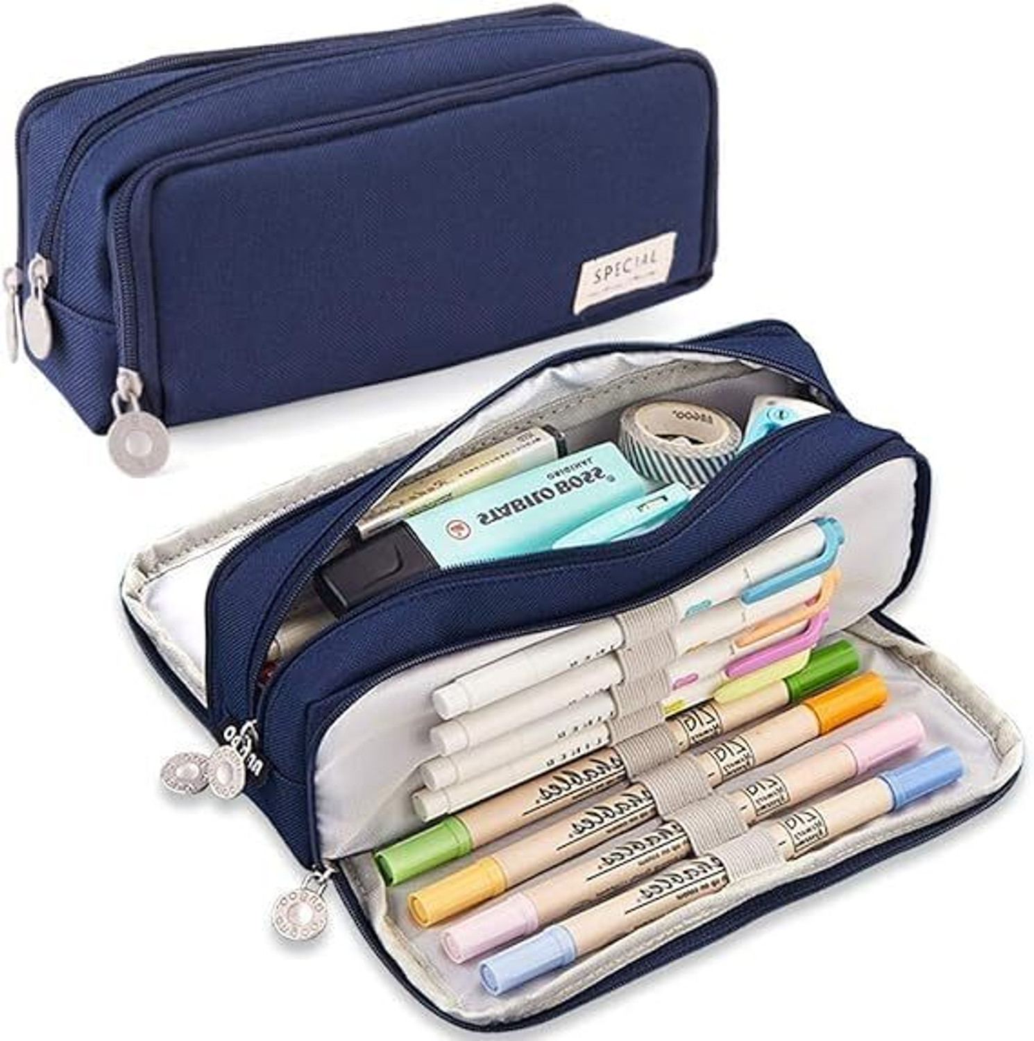 Image of Devdhan Canvas Large Capacity Pencil Pouch For Girls & Boys, 3 Compartments Pouch Geometry Box