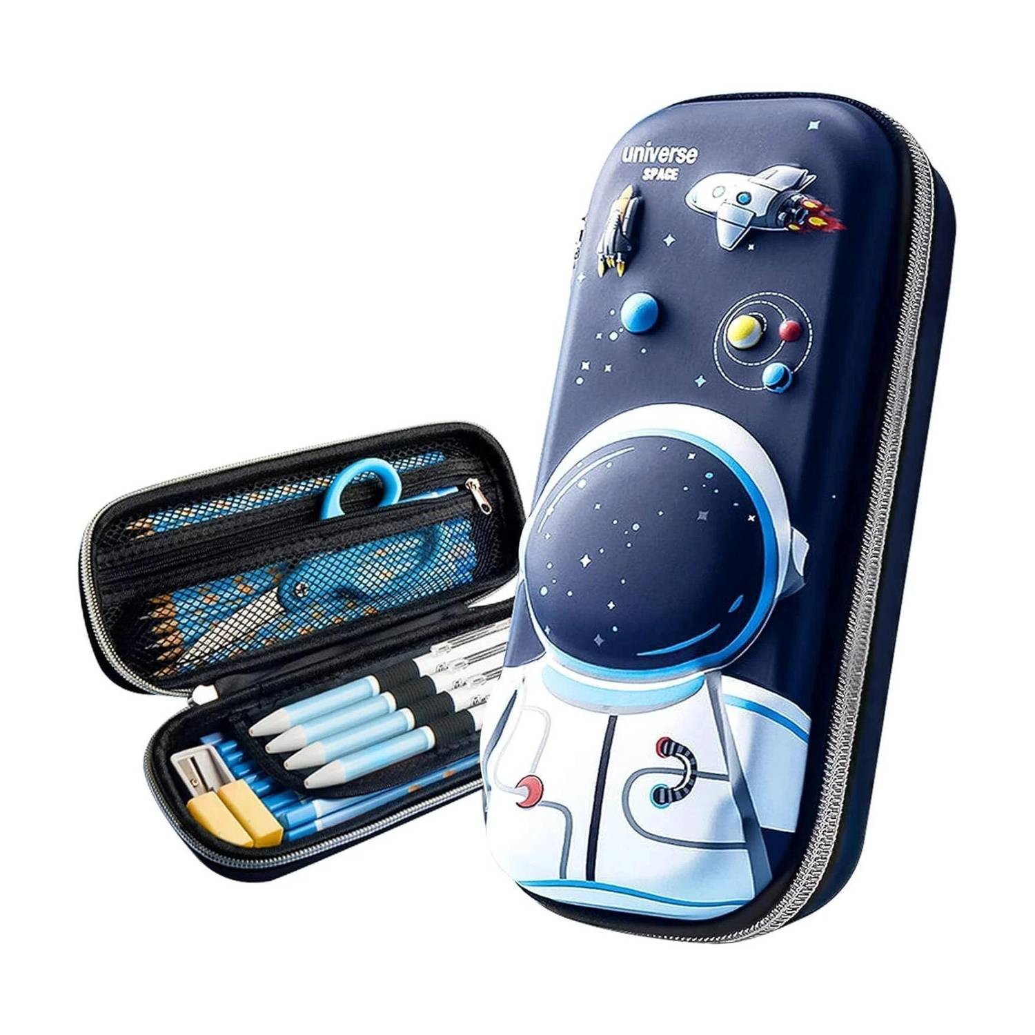 Barbarik Astronaut Universe Space Theme Design | Stylish Astronaut | Spacious and Durable Stationery Organizer with Three Compartments 3D Art EVA Pencil Box