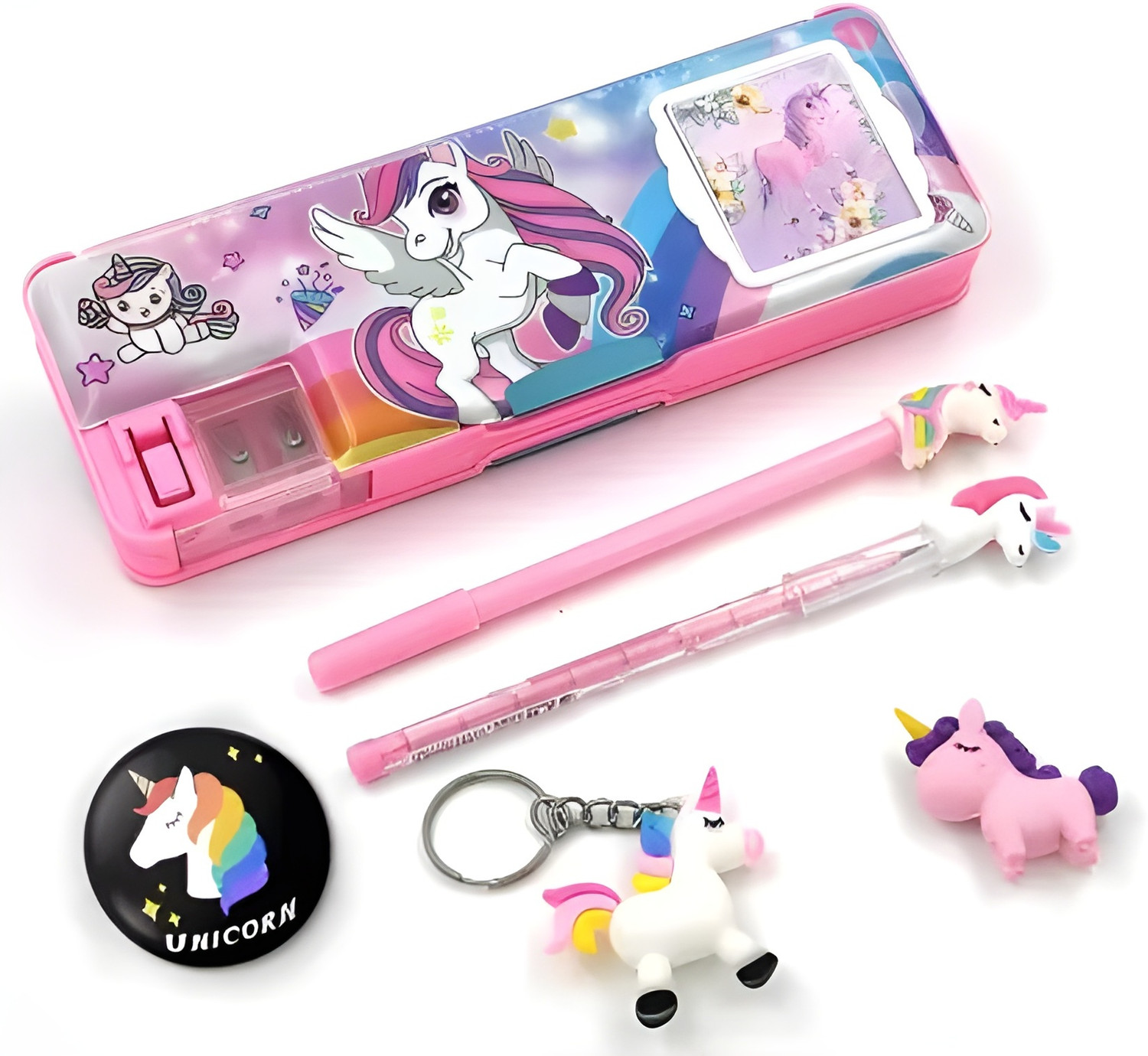 Image of vvn Unicorn Theme Built-in Calculator Vibrant Pink Color With Attractive Badge Keychain Pen Pencil Compact and Portable Best Combo Set Return Gift For Kids Art Plastic Pencil Box