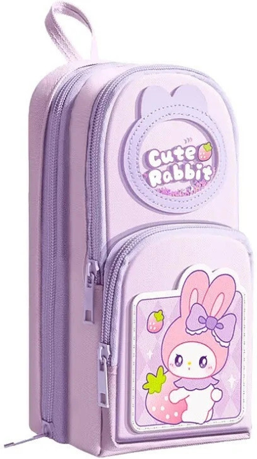 Image of OMETER 3 Compartment Zipper Pencil Case for Girl Kid Pencil Pouch School Stationery Cute Rabbit Pencil Box Art Canvas Pencil Box
