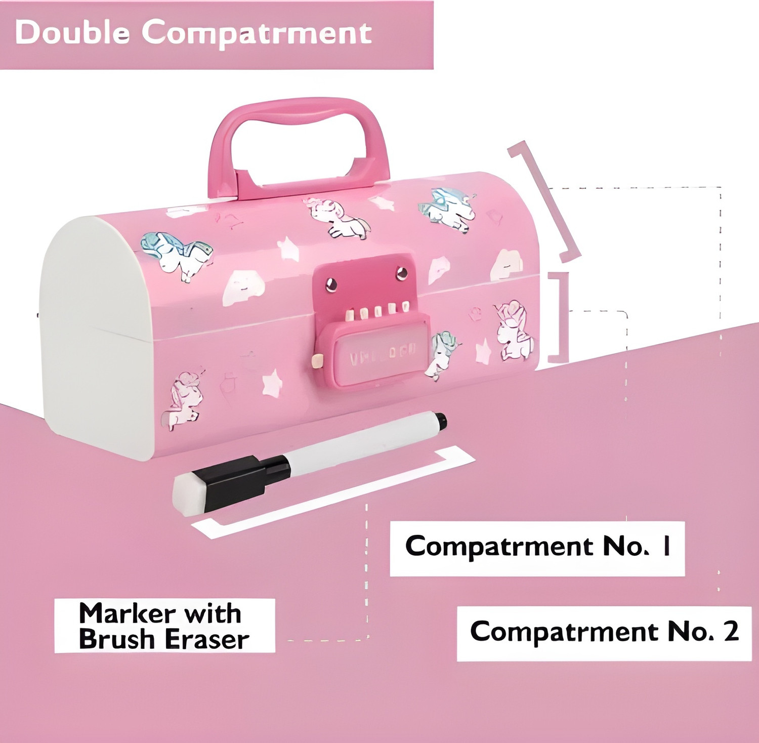 Image of vvn Unicorn-Pink Suitcase Style Design Password Lock Security Multi-Layer Storage Spacious Interior Perfect Return Gift Organizational Features Child-Friendly Art Plastic Pencil Box
