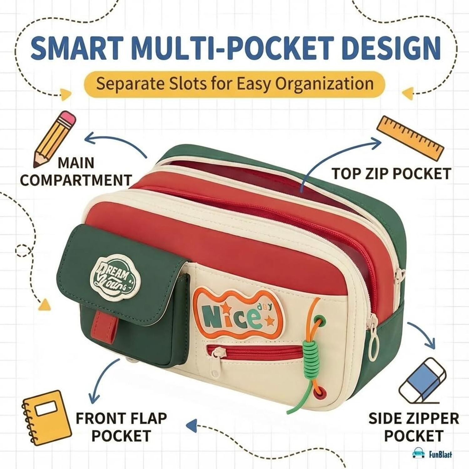 Image of AR Jouiet Mansion Dream Yours Multi Pocket Green Soft and Stylish Stationary Large Pouch for Kids With Front Pocket Art Canvas Pencil Box