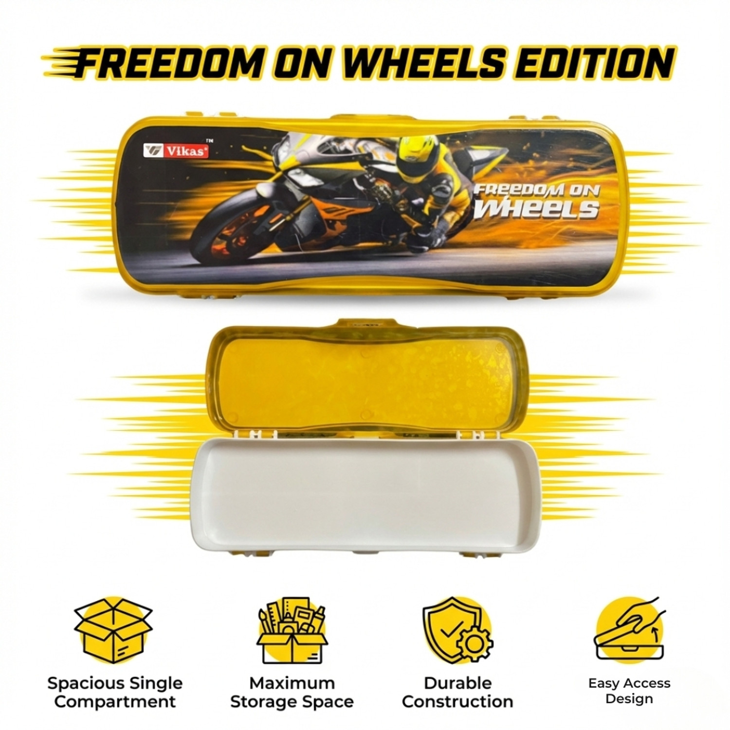 Image of Vikas Cartoon Princess, Red Race car, Be happy, All Rounder Art Plastic Pencil Boxes