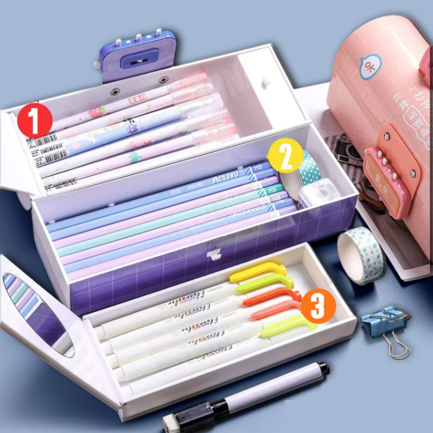 Image of tishna Unicorn Pencil Box with Style Dual Password Lock | Multi-Layer & Multi-Functional Large Capacity Plastic Case For Kids Art Plastic Pencil Box