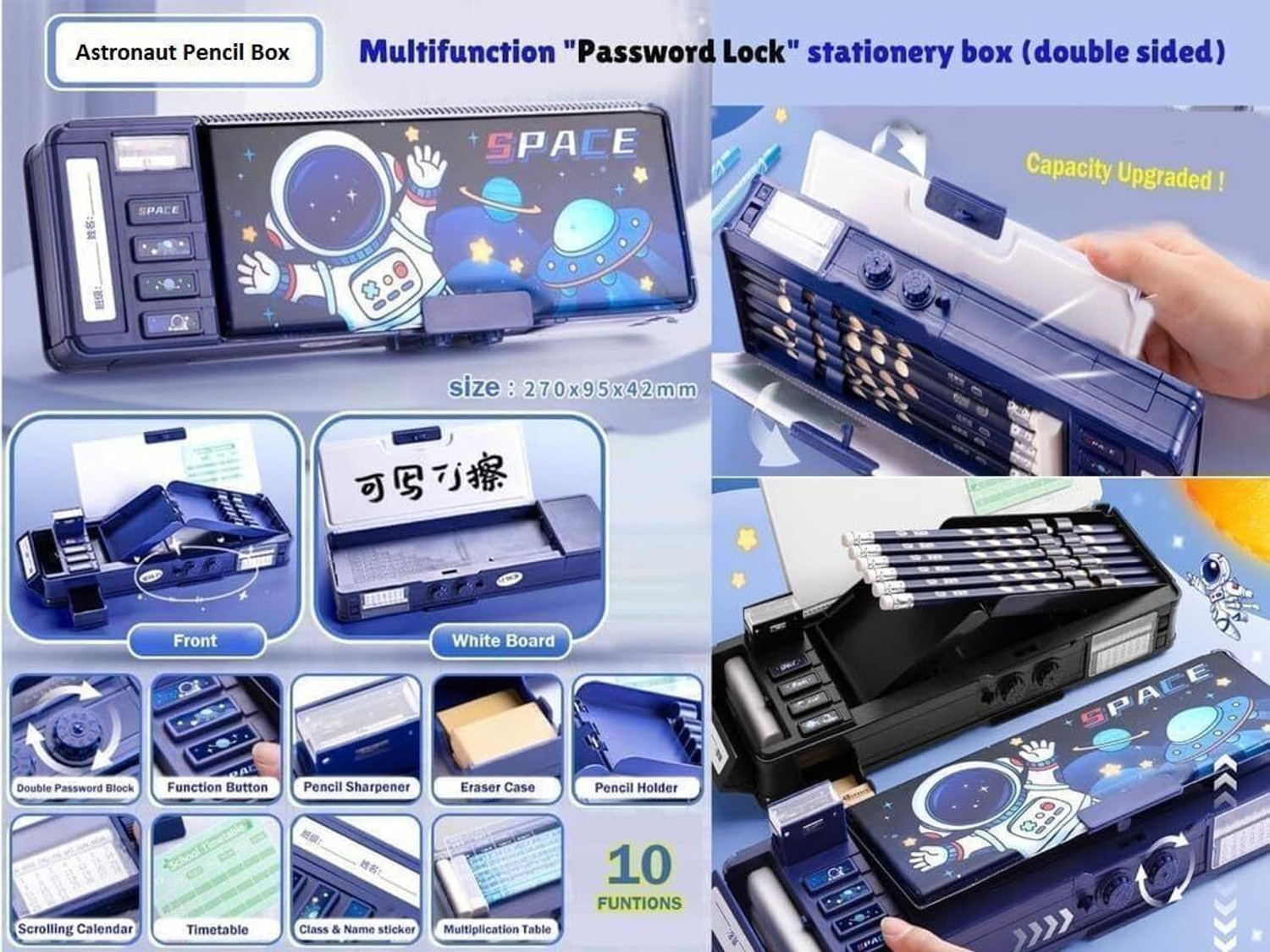 Image of MANAKI ENTERPRISE Multifunctional Lock Compass Box for Kids, Pencil Box for Boy & Girl Aesthetic Stationary Items, Space Astronaut Theme Pencil Case Return Gifts Art Plastic Pencil Box