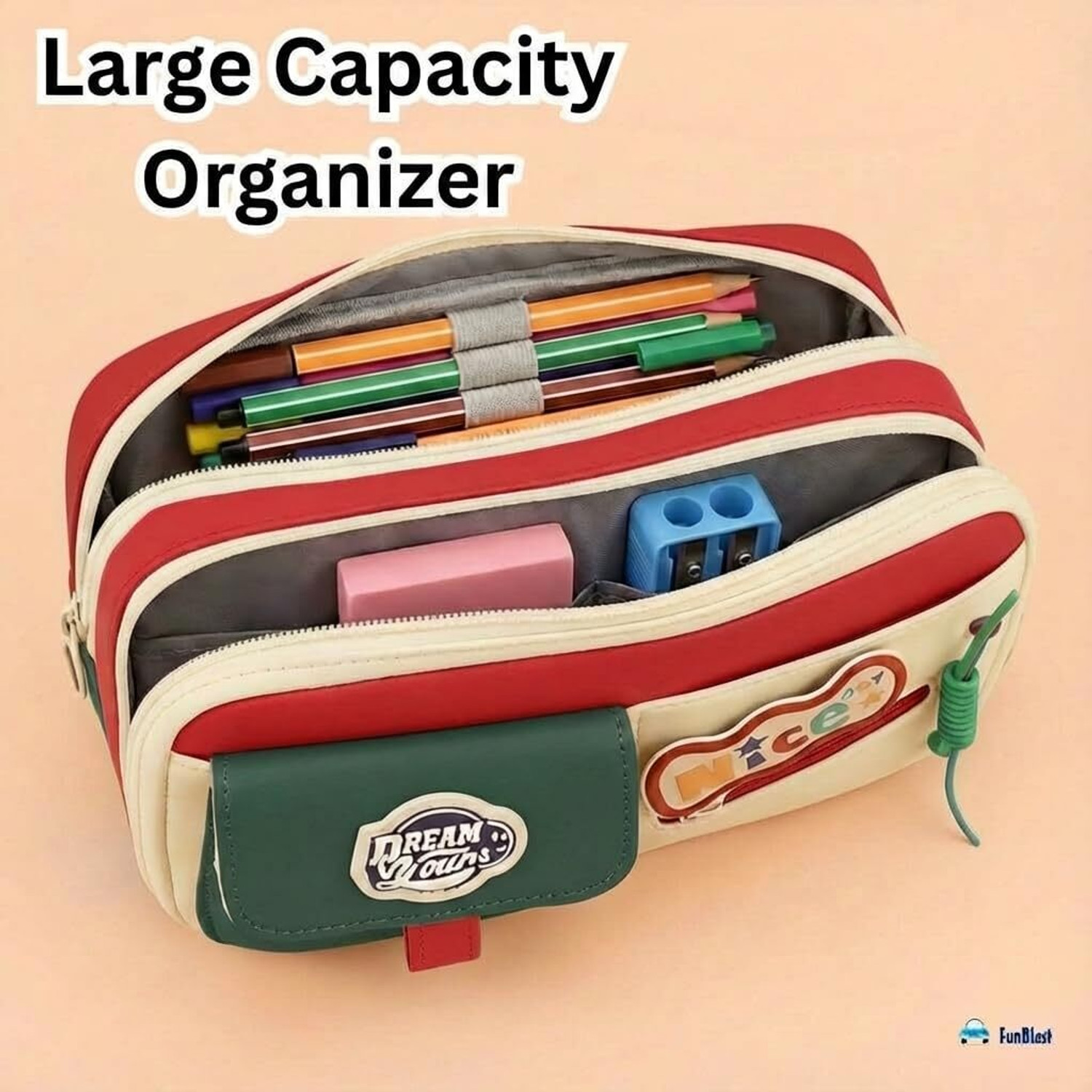Image of AR Jouiet Mansion Dream Yours Multi Pocket Green Soft and Stylish Stationary Large Pouch for Kids With Front Pocket Art Canvas Pencil Box