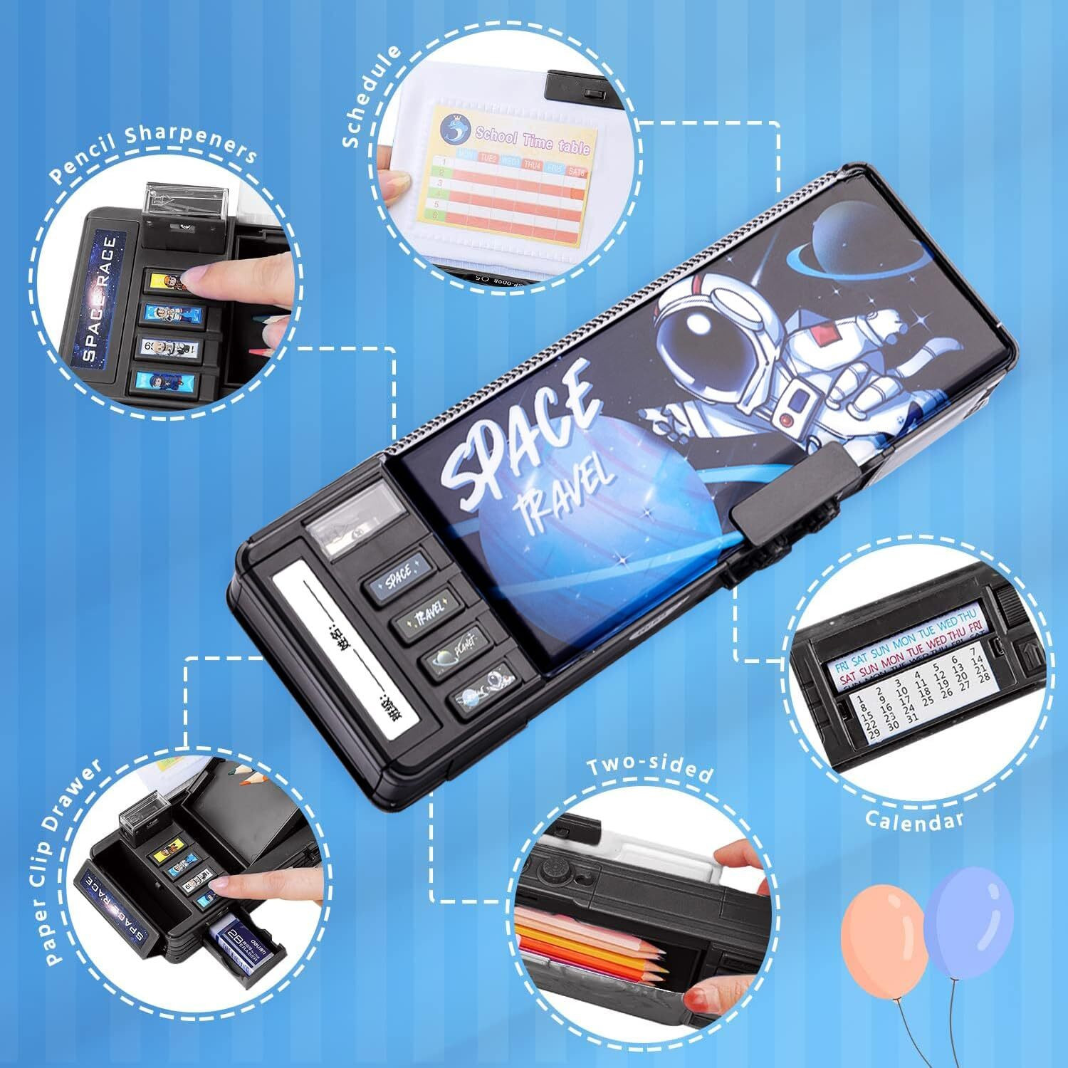 Image of JOY MAKER Space Password Pencil Box for Children, Astronaut , Function and Departments, Special Buttons Art Plastic Pencil Box