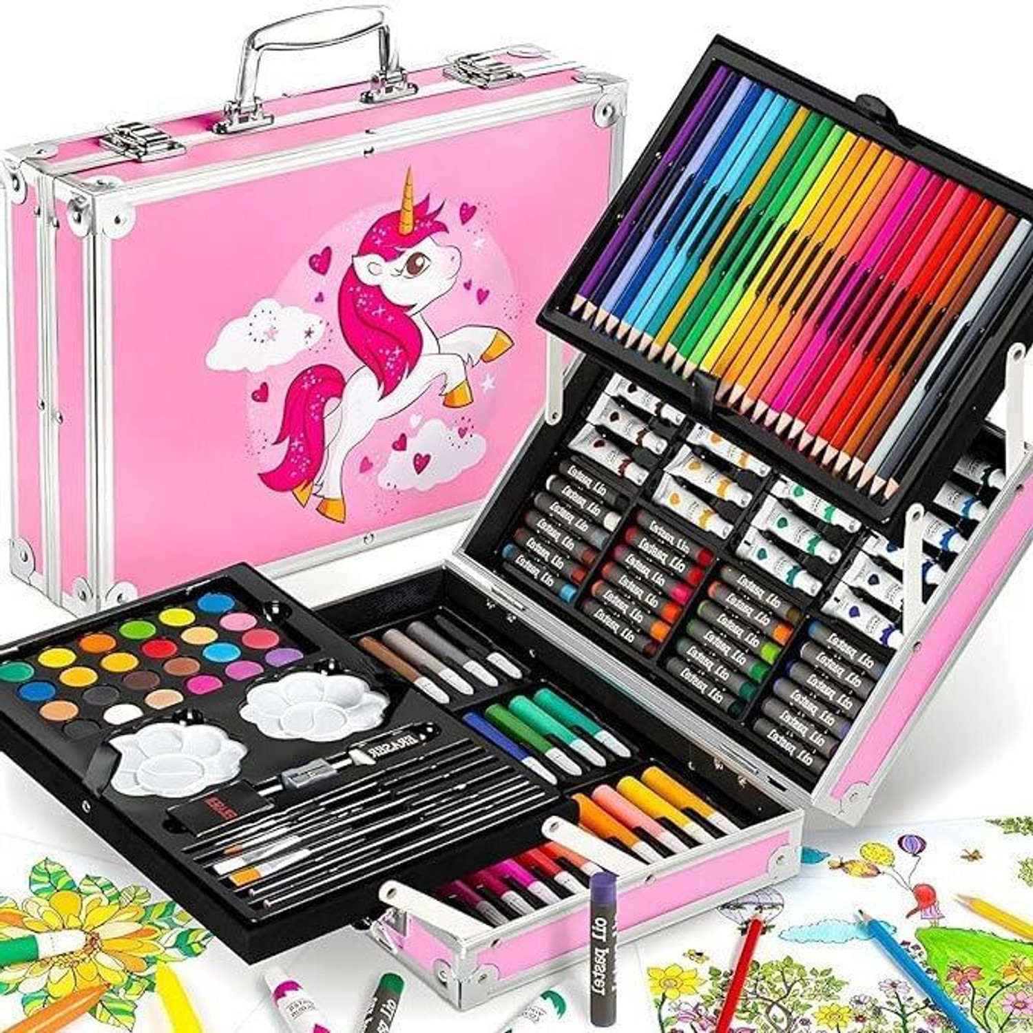 Image of Saputra Unicorn Art Set for Kids 145-Pcs Drawing Painting Kit with Crayons /Oil Pastels / Color Pencils /Watercolors in Big Coloring Suitcase for Return Gift Set for Girls Art Plastic Pencil Box