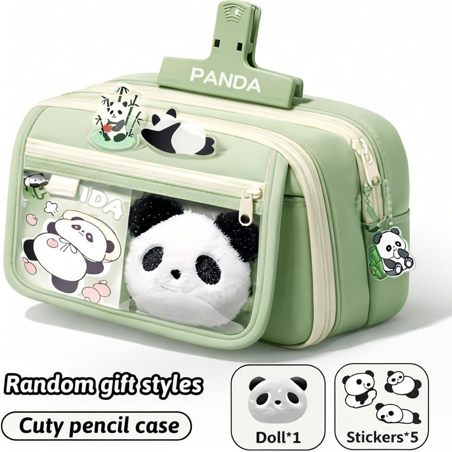 Akvanar Panda Pencil Case with Transparent Window, Includes Panda Doll and Stickers Art Canvas Pencil Box
