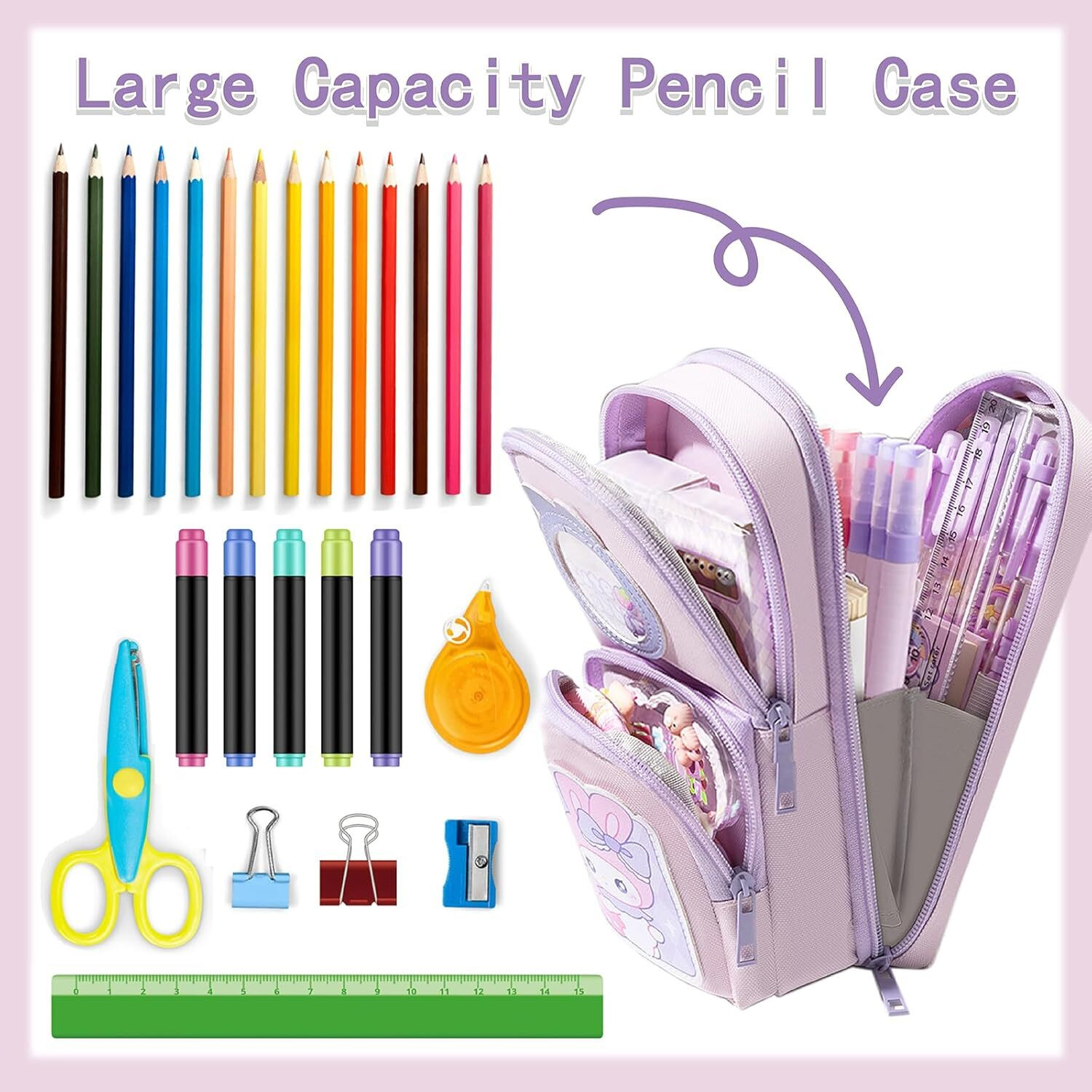 Image of OMETER 3 Compartment Zipper Pencil Case for Girl Kid Pencil Pouch School Stationery Cute Rabbit Pencil Box Art Canvas Pencil Box