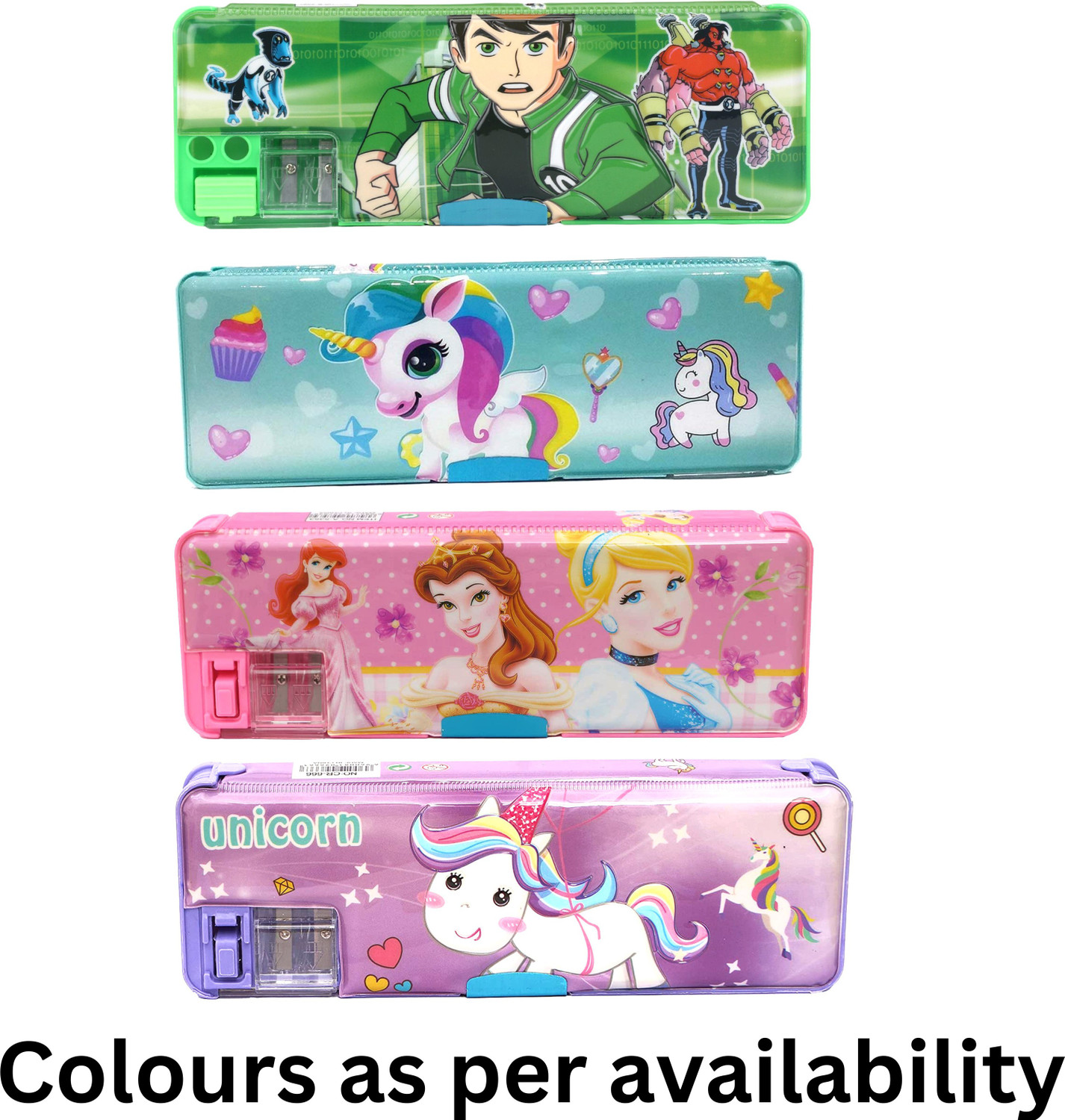 Image of Sloies Cartoon Printed Double Sided pencil box with Sharpener for kids princess, SpiderMan, Doraemon Art Plastic Pencil Boxes