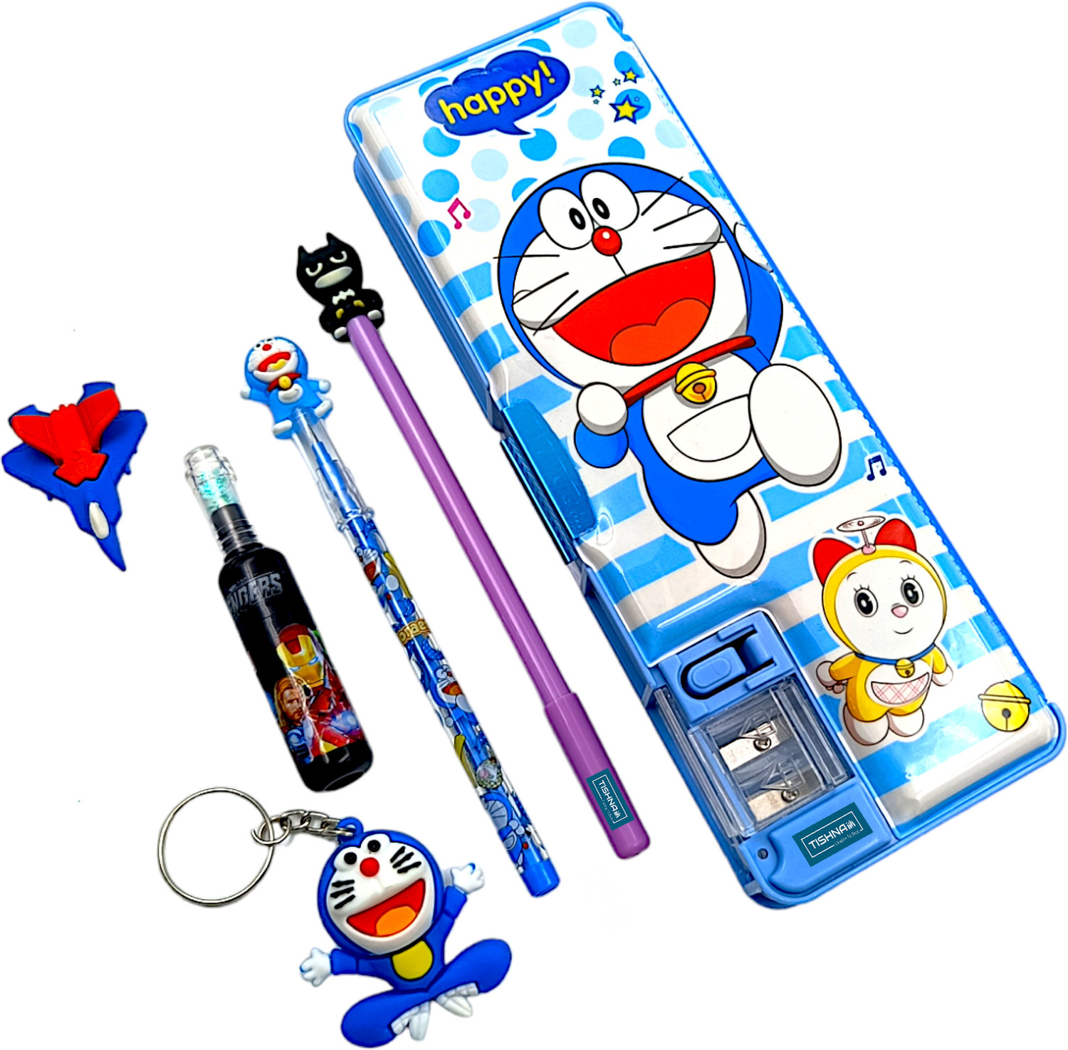 Image of tishna Doraemon Pencil Box Magnetic Lock, Dual Compartments, Stationery School Kit, Pencil Case Inbuild LED Light for Boys, Kids, Students Art Plastic Pencil Box