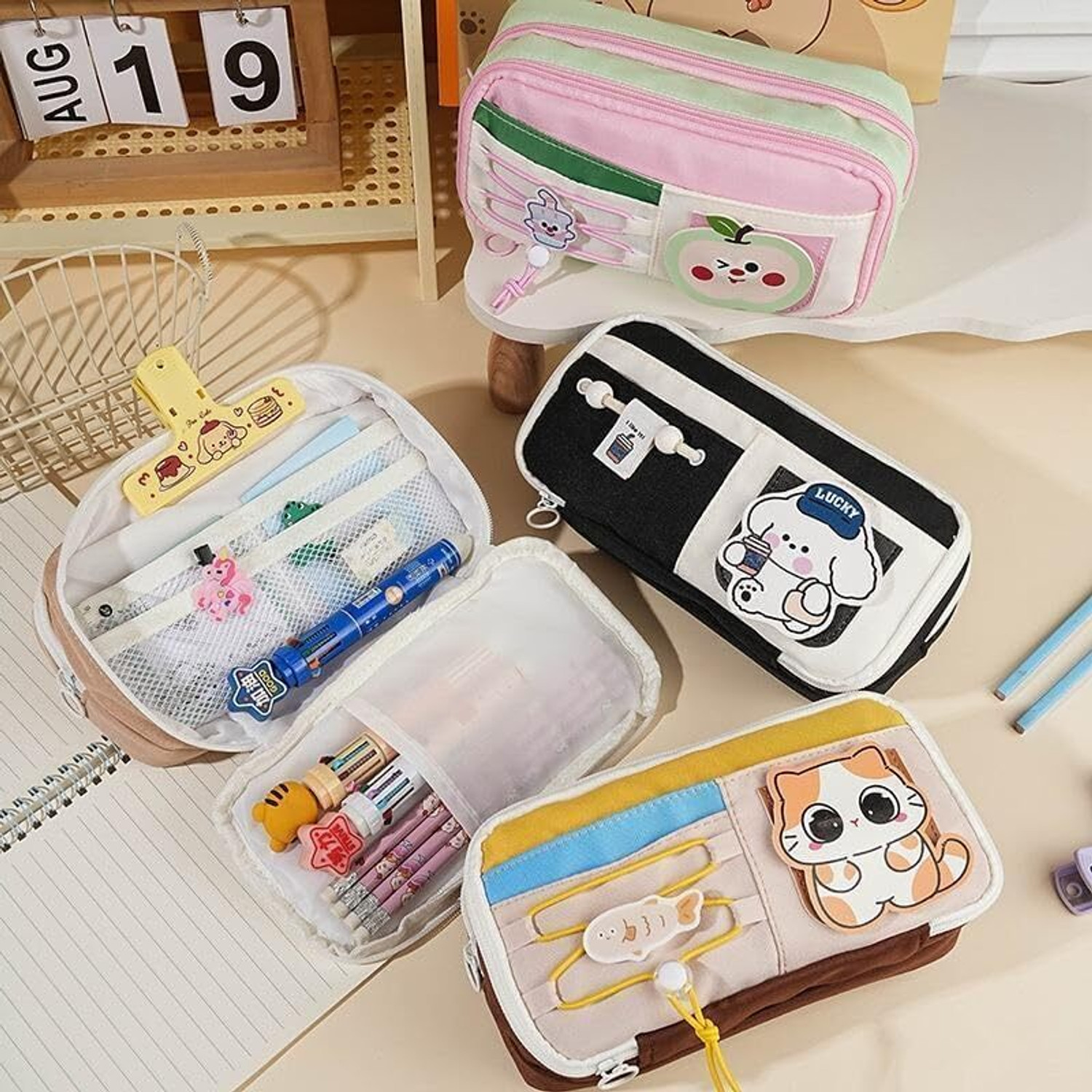 Image of DiMoris Cute knot Kawai Canvas Pencil Pouch for Girls & Boys Large Capacity Pencil Case Lucky Puppy 3 Layer 6 Compartment School Stationery Organizer Pencil Box for Kid Art Plastic Pencil Box