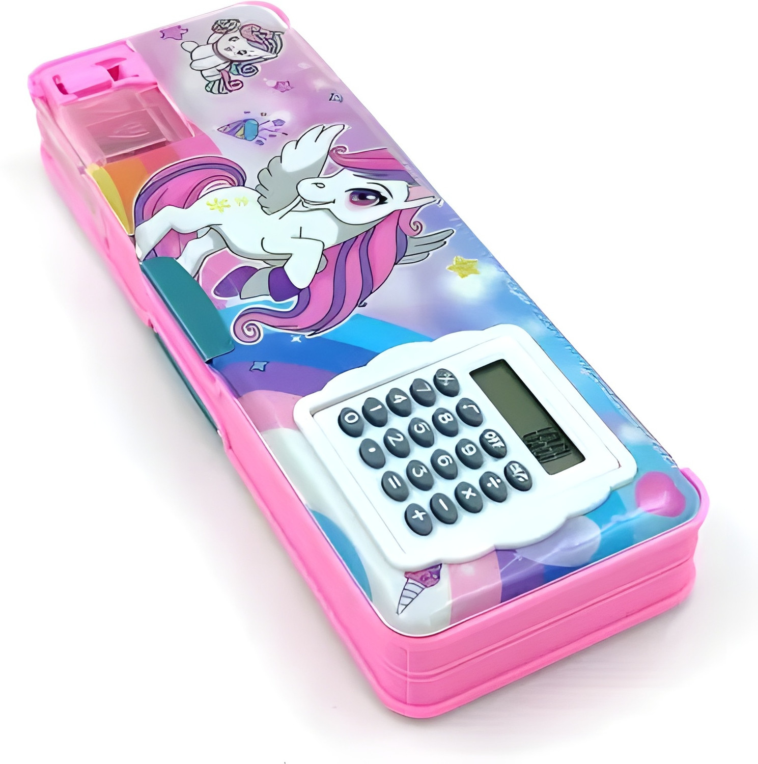 Image of vvn Unicorn Theme Built-in Calculator Vibrant Pink Color With Attractive Badge Keychain Pen Pencil Compact and Portable Best Combo Set Return Gift For Kids Art Plastic Pencil Box