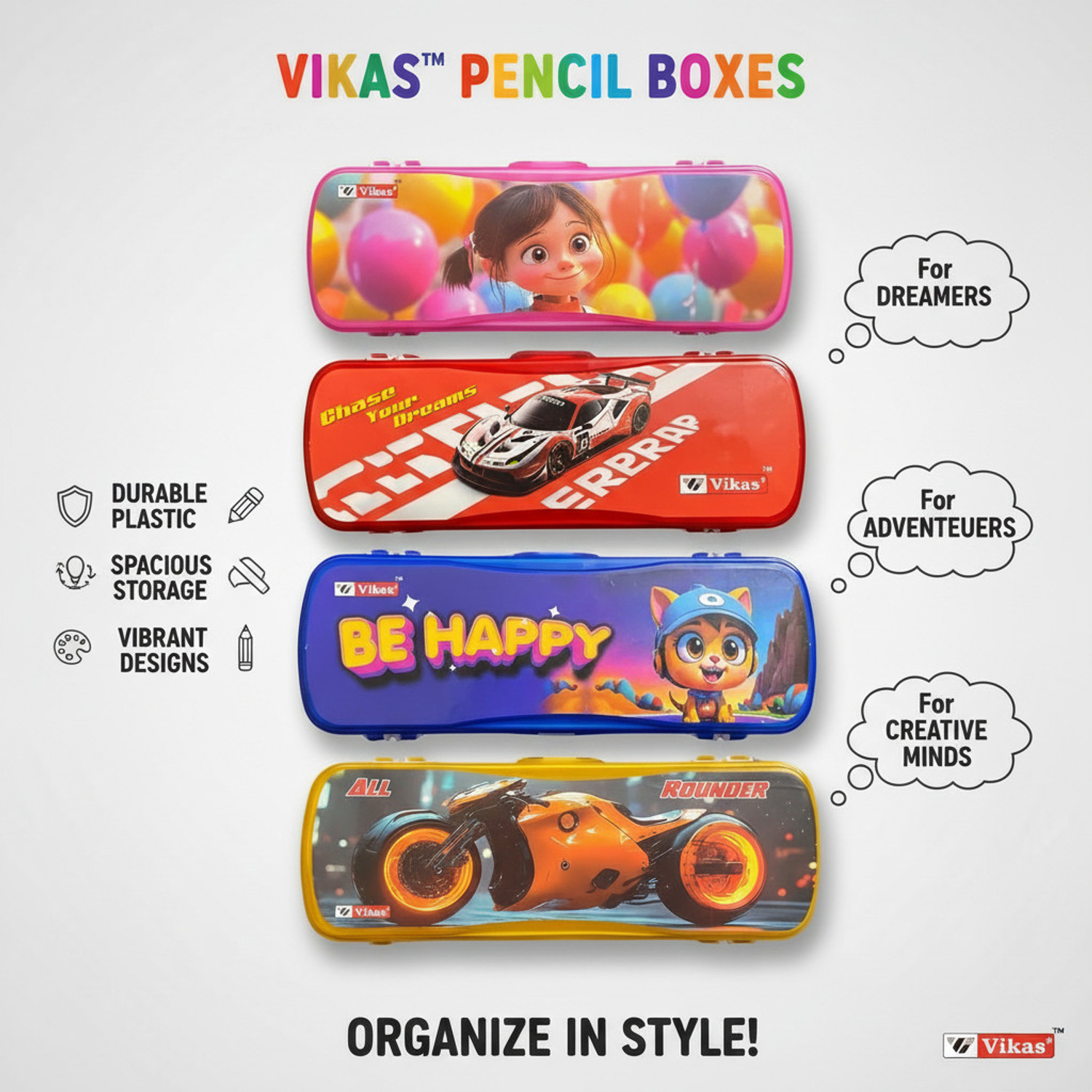 Image of Vikas Cartoon Princess, Red Race car, Be happy, All Rounder Art Plastic Pencil Boxes
