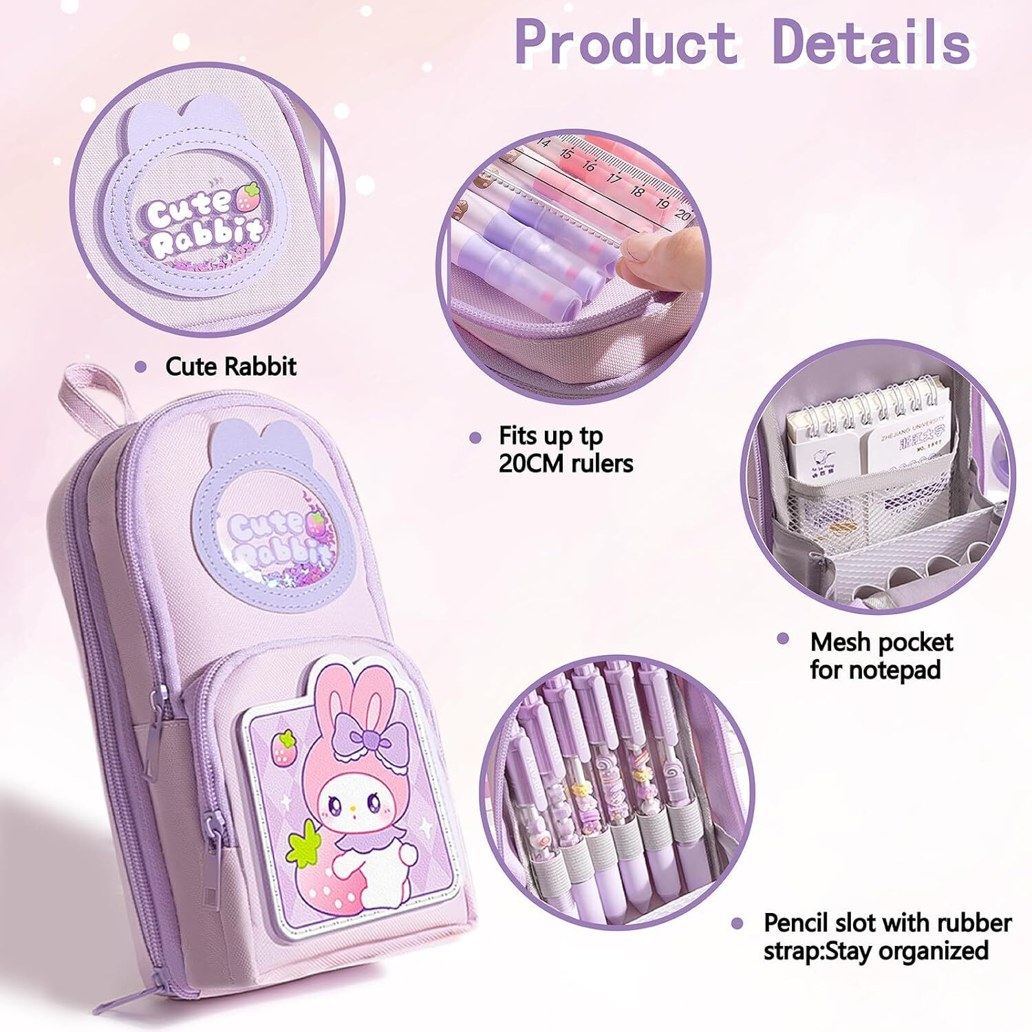 Image of OMETER 3 Compartment Zipper Pencil Case for Girl Kid Pencil Pouch School Stationery Cute Rabbit Pencil Box Art Canvas Pencil Box