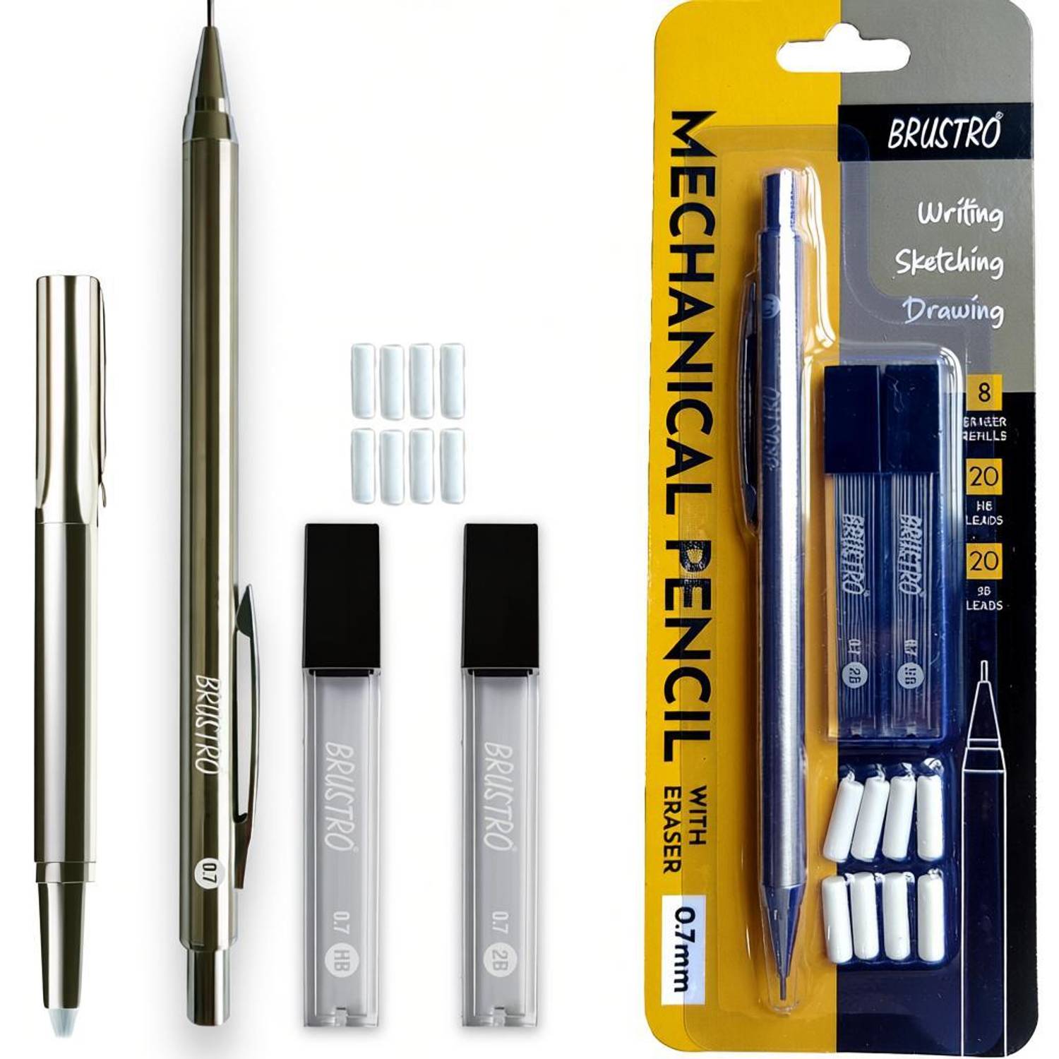 BRuSTRO Mechanical Pencil with Eraser(8 units), 0.7mm,leads HB-20 units,2B-20 units, Pencil