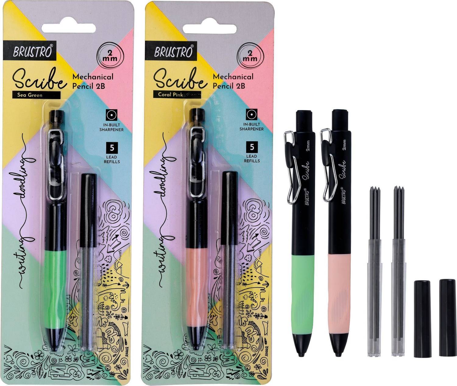 BRuSTRO Scribe Mechanical Pencils 2B|Tip 2MM,Set of 2 with 5 Extra Leads Pencil