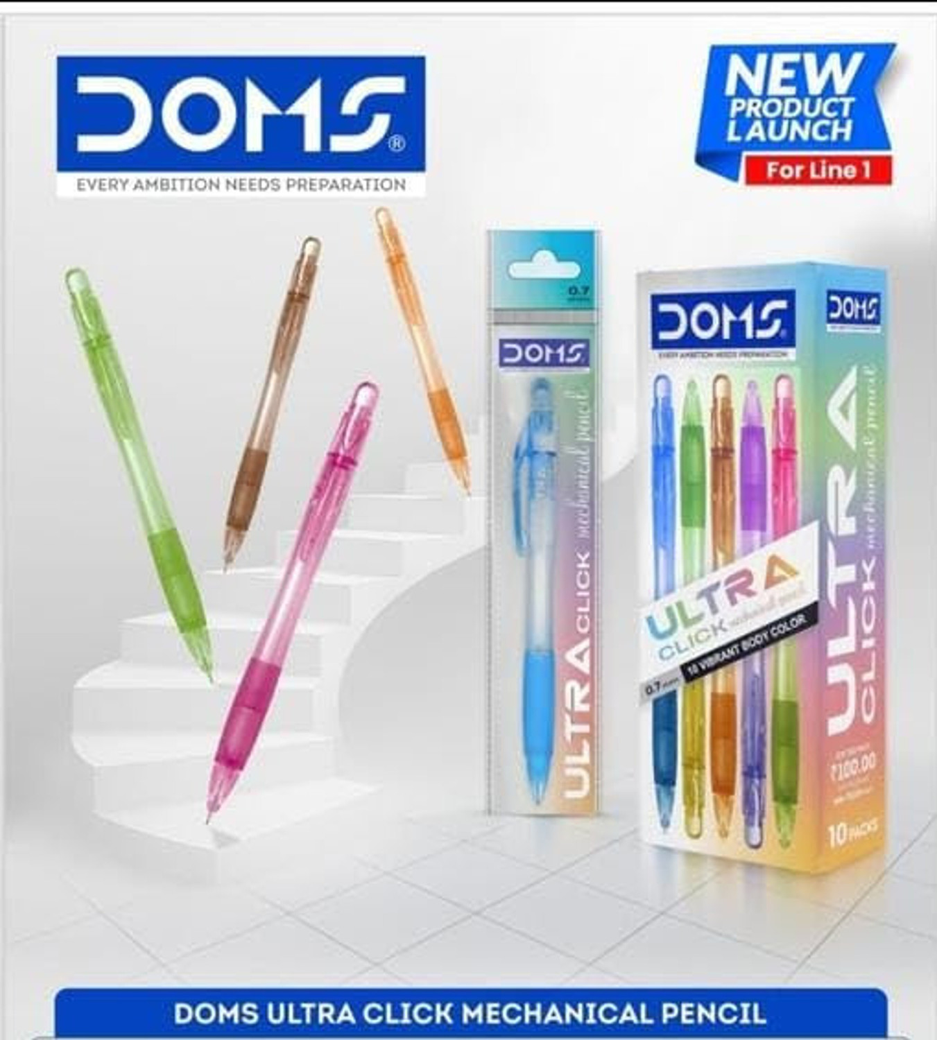 Image of DOMS Ultra-Click 0.7mm School Writing Pencils & 1 Eraser & Sharpener Smooth & Strong Pencil