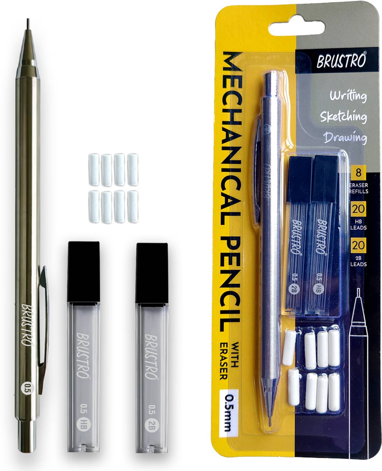 BRuSTRO Mechanical Pencil 0.5mm with Eraser and Spare Leads