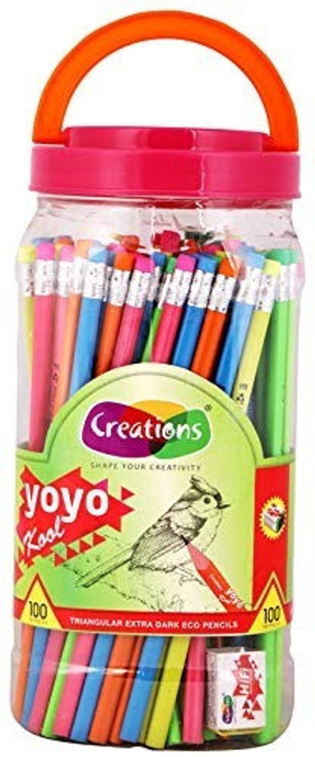 Image of Crazyy Shop Creations Yoyo Kool HB Pencils with Rubber Tip 100 Pencils Jar 5 pcs Sharpeners Pencil