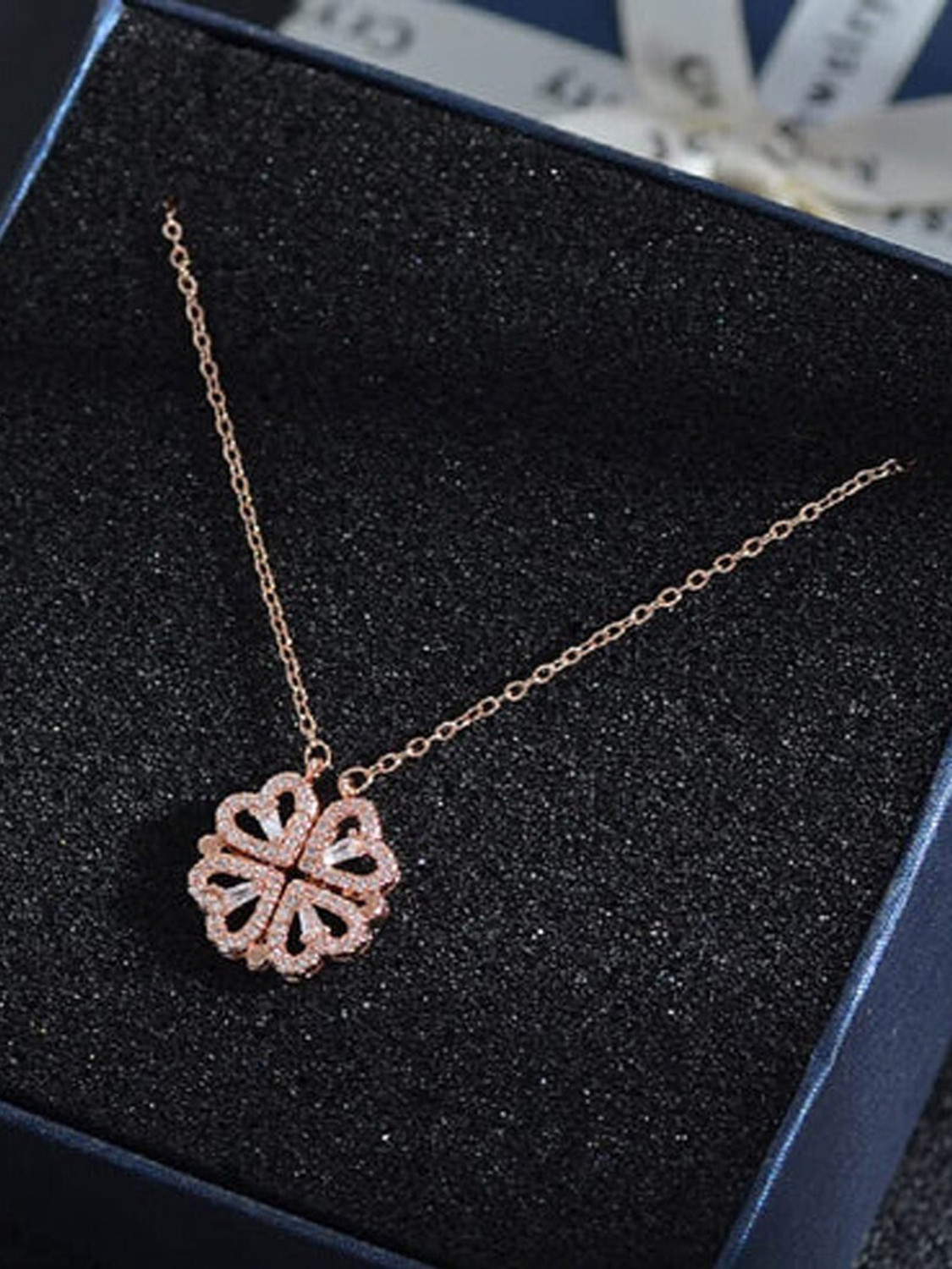 Image of AVR JEWELS Rose Gold Magnet Clover Flower Heart Necklace Gold-plated Stainless Steel Pendant