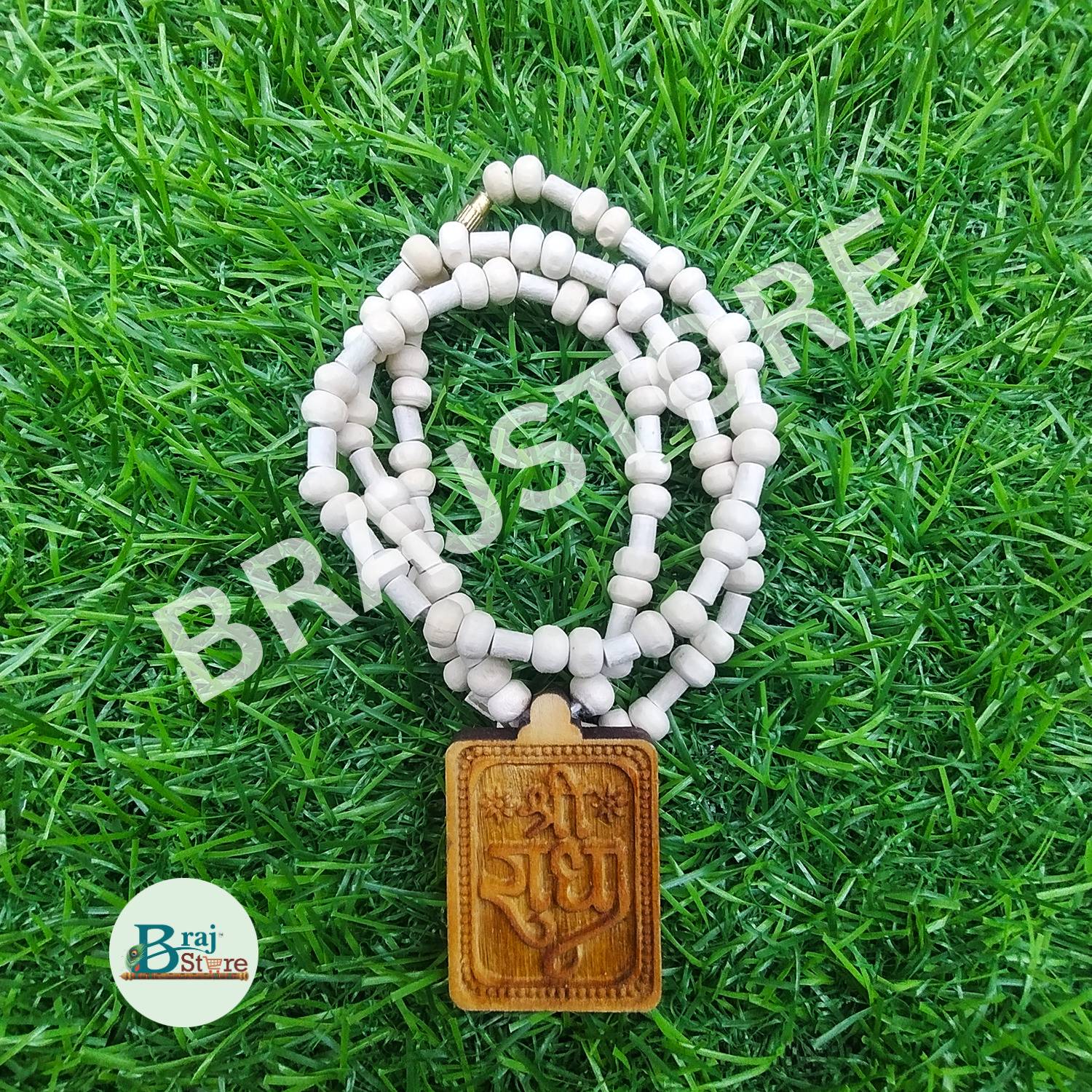 BRAJSTORE Real & Natural Tulsi Mala with Shree Radha Necklace Wood Locket
