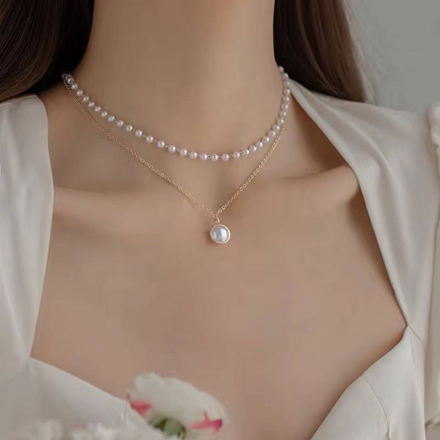 AJPAYONRA Women's Layered Necklace Double-stranded pearl Rhinestone Zircon ap-20 Silver Stainless Steel Pendant Set