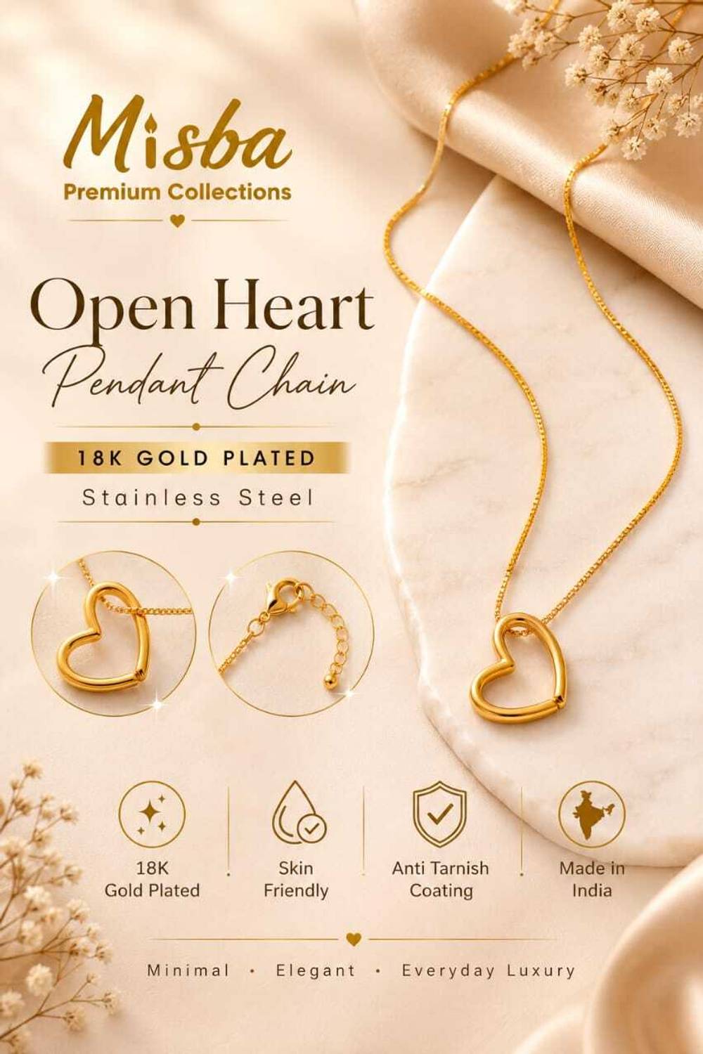 Misba 18K Gold Plated Stainless Steel Heart Pendant Necklace - Image 5