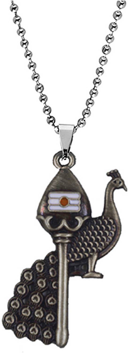 Abhiora Fashion Lord Murugan Tamil Om Vel Peacock Feather Grey Bead Chain Pendnet for Men Women Metal Pendant