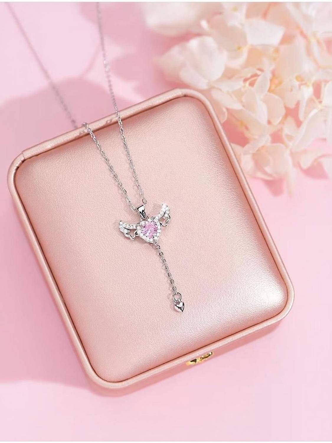 CARIA Anti-Tarnish Angel Wing Necklace | Heart Pendant for Girls & Women Silver Cubic Zirconia Stainless Steel Pendant