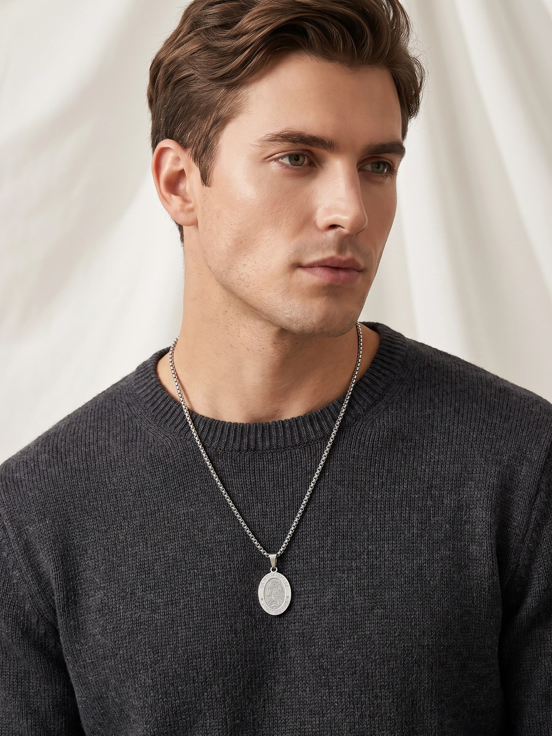 Image of MYKI Anti-Tarnish Saint Michael Oval Pendant - Silver Silver Stainless Steel Pendant