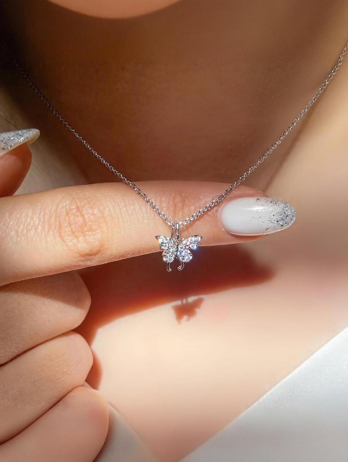 Image of Zarkan Zarkan 925 Hallmarked Silver Butterfly Necklace With Link Chain Rhodium Cubic Zirconia Sterling Silver Pendant