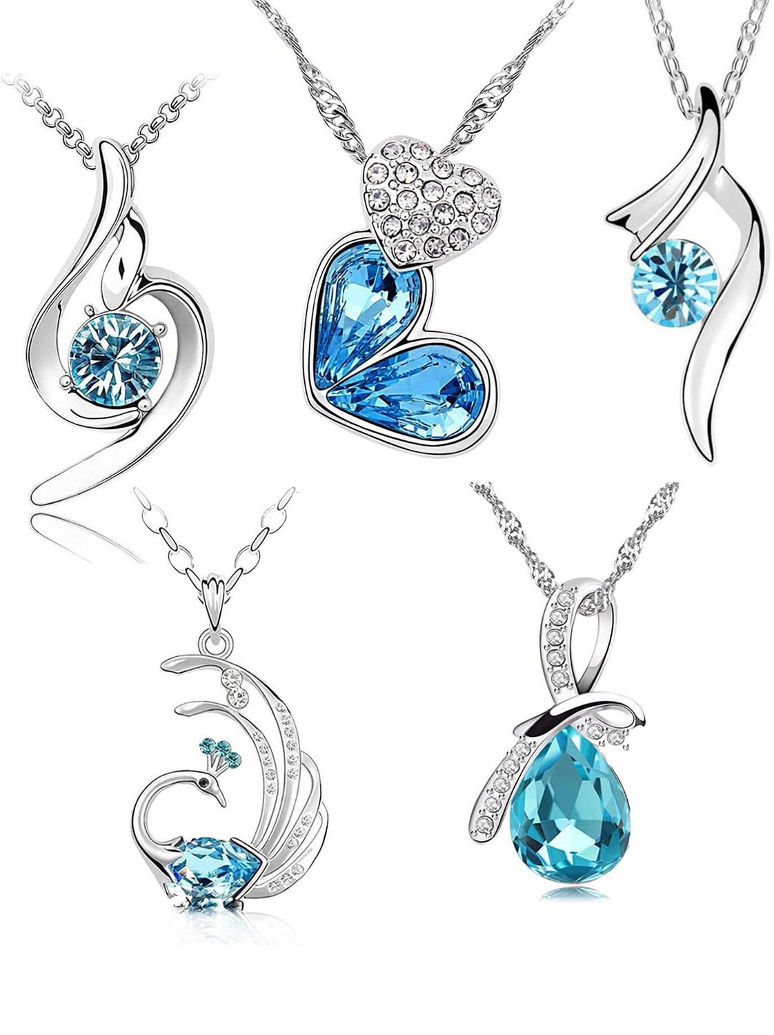 Image of Om Jewells Rhodium Plated Jewellery Combo Of 5 Designer Necklace Studded With Blue Rhodium Crystal Alloy Pendant Set