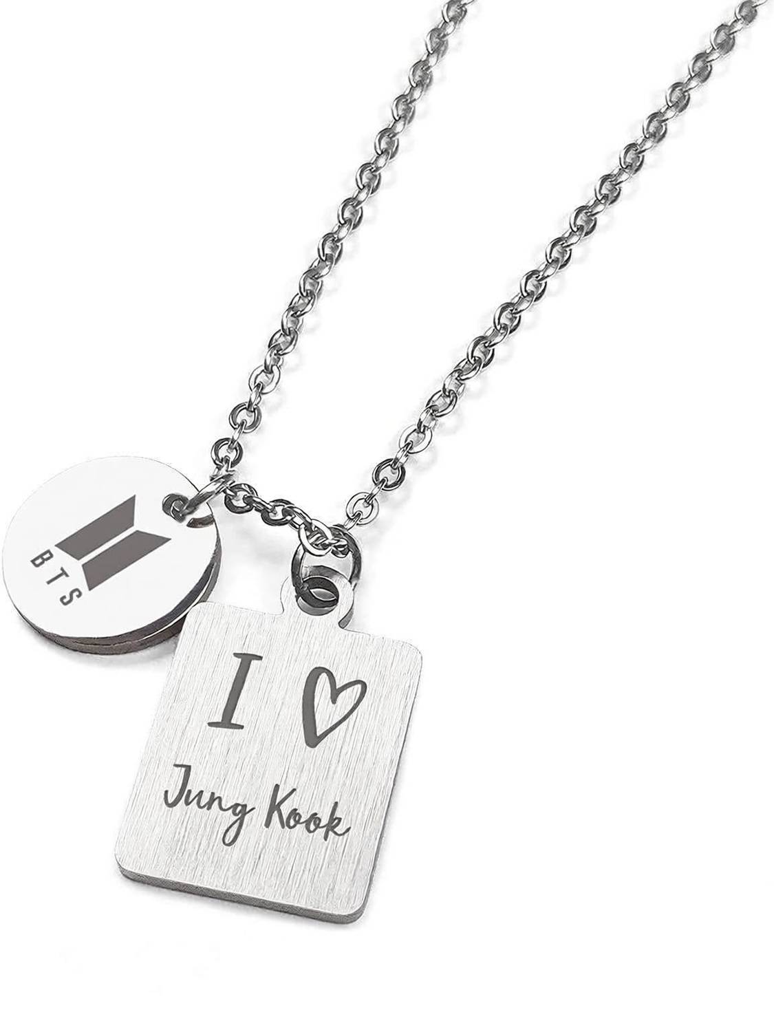 Antique street Jungkook BTS Bangtan Necklace Dual Pendants Necklace Team Logo and Love Symbol Silver Brass Pendant