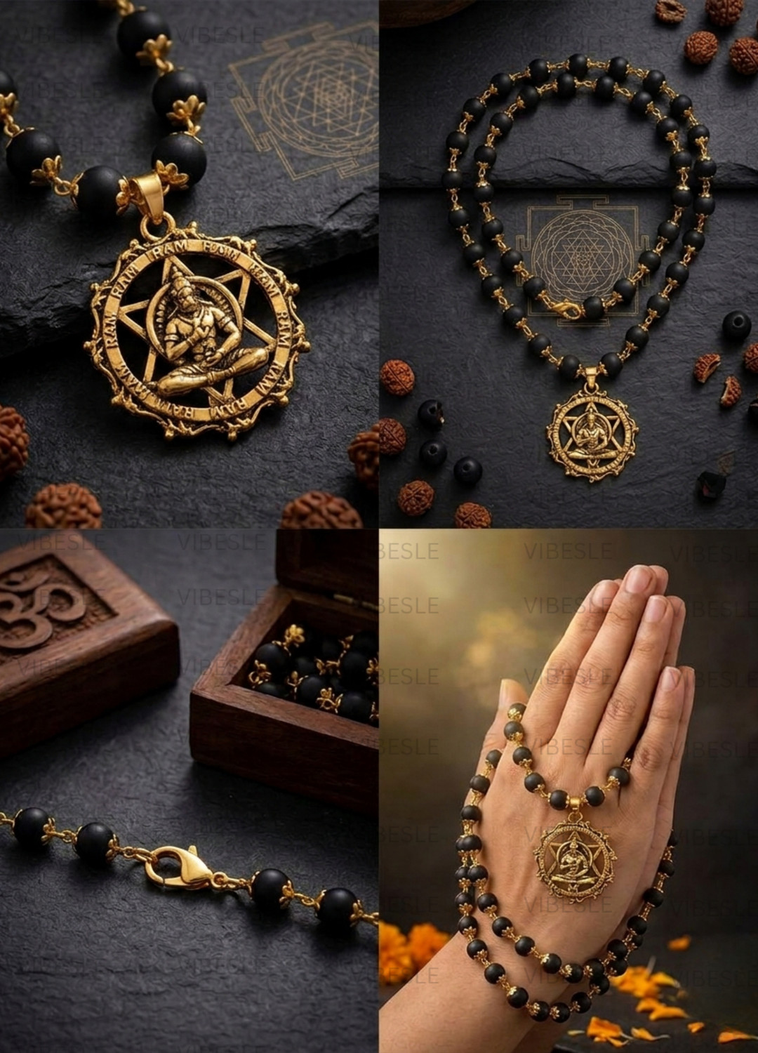 Image of VIBESLE Karungali Malai with Hanuman Kavach Pendant | Karungali Mala Original 54 Beads Beads Wood Locket