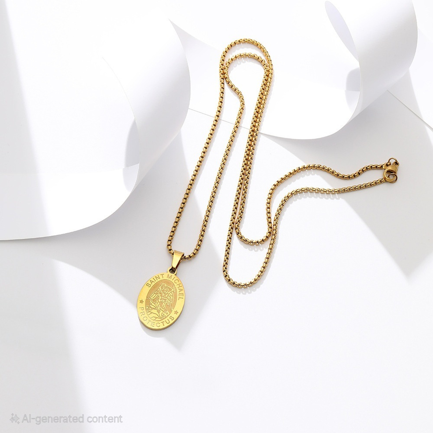 Image of MYKI Anti-Tarnish Saint Michael Oval Pendant - Gold Gold-plated Stainless Steel Pendant