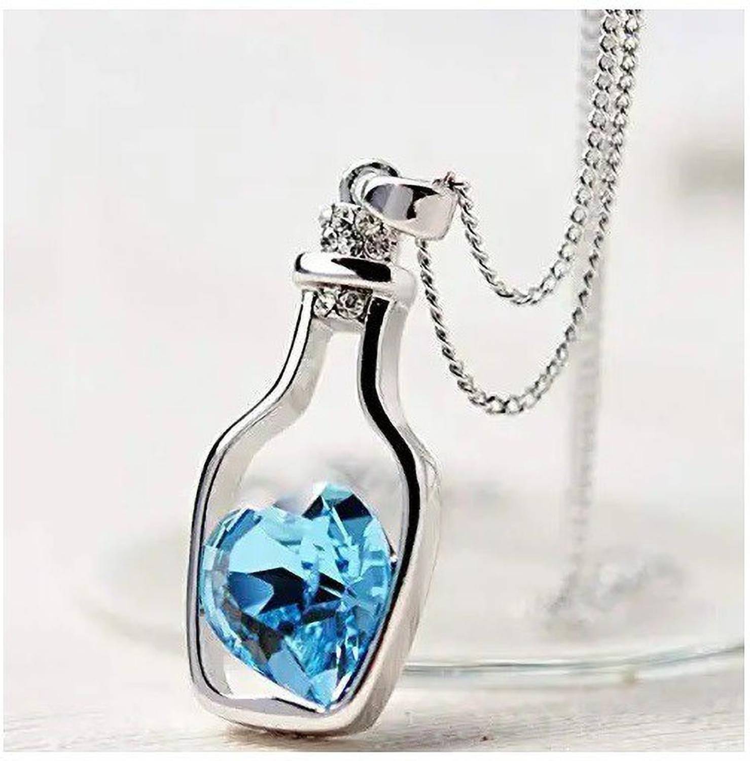 VIANSH Creative Love Heart Blue Crystal Diamond Stone Love Drift Bottle Pendant Locket Stainless Steel Pendant