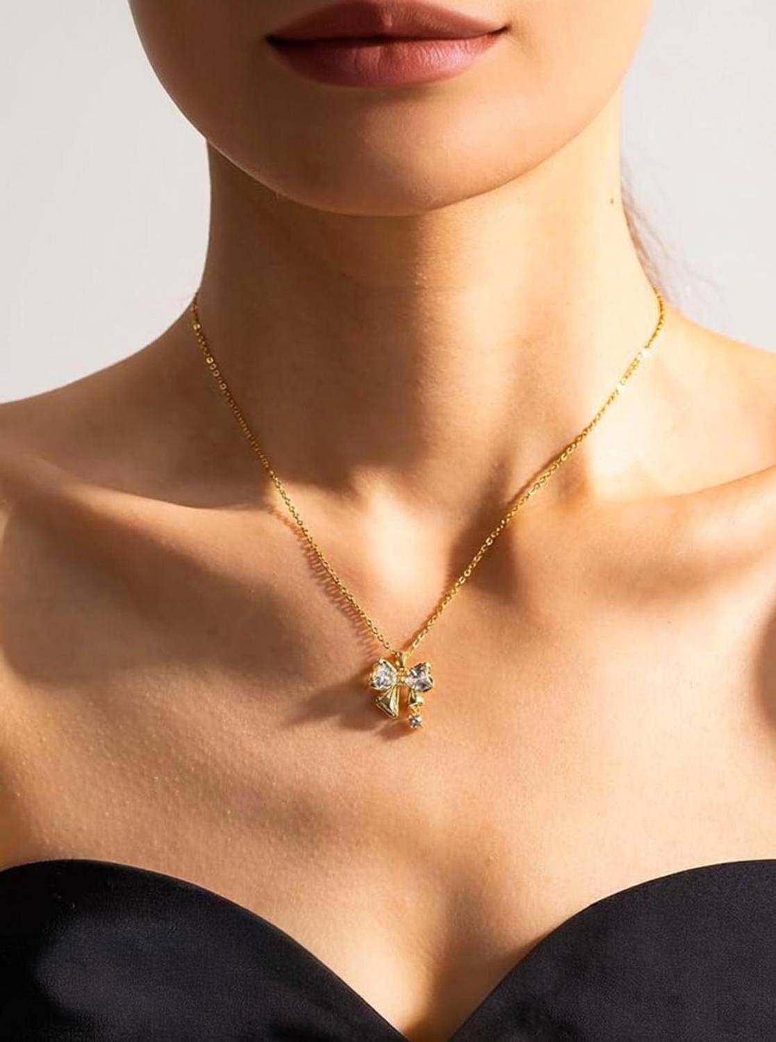 Bauble Cluster 18k Gold Bowknot Pendant Necklace for Girls & Women|Anti Tarnish Jewellery| Cubic Zirconia Gold-plated Plated Stainless Steel Chain