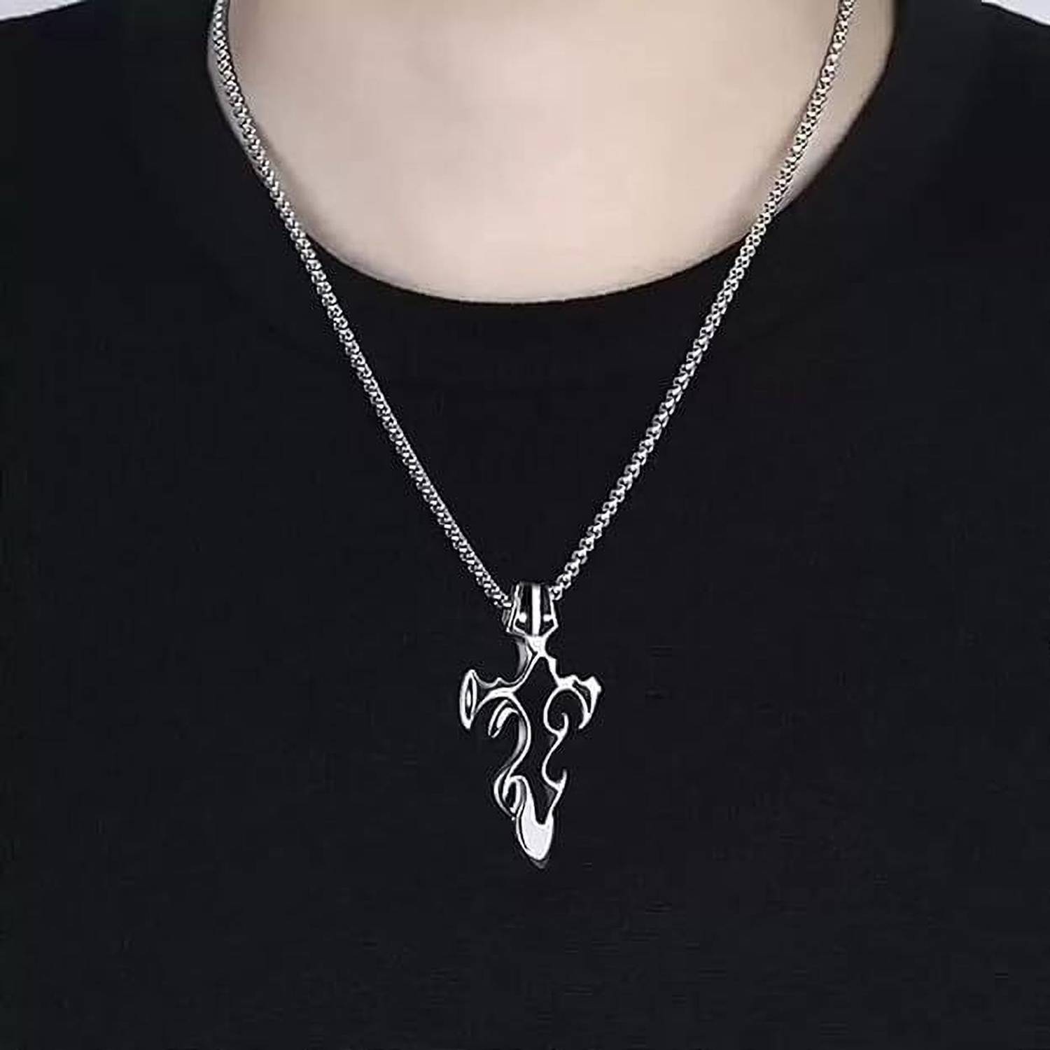 KURMASHOP Stainless Steel Flame Sword & Cross Pendant Necklace - Image 2