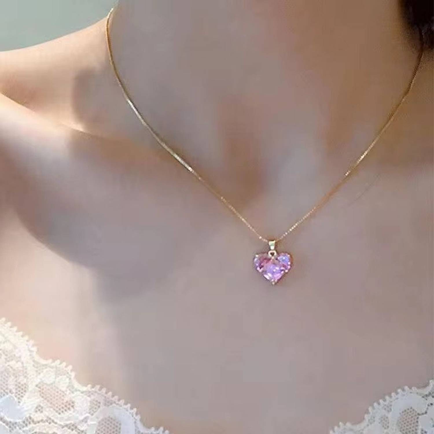AJPAYONRA Women's pink crystal heart Rhinestone Zircon ap-18 Gold-plated Stainless Steel Pendant Set