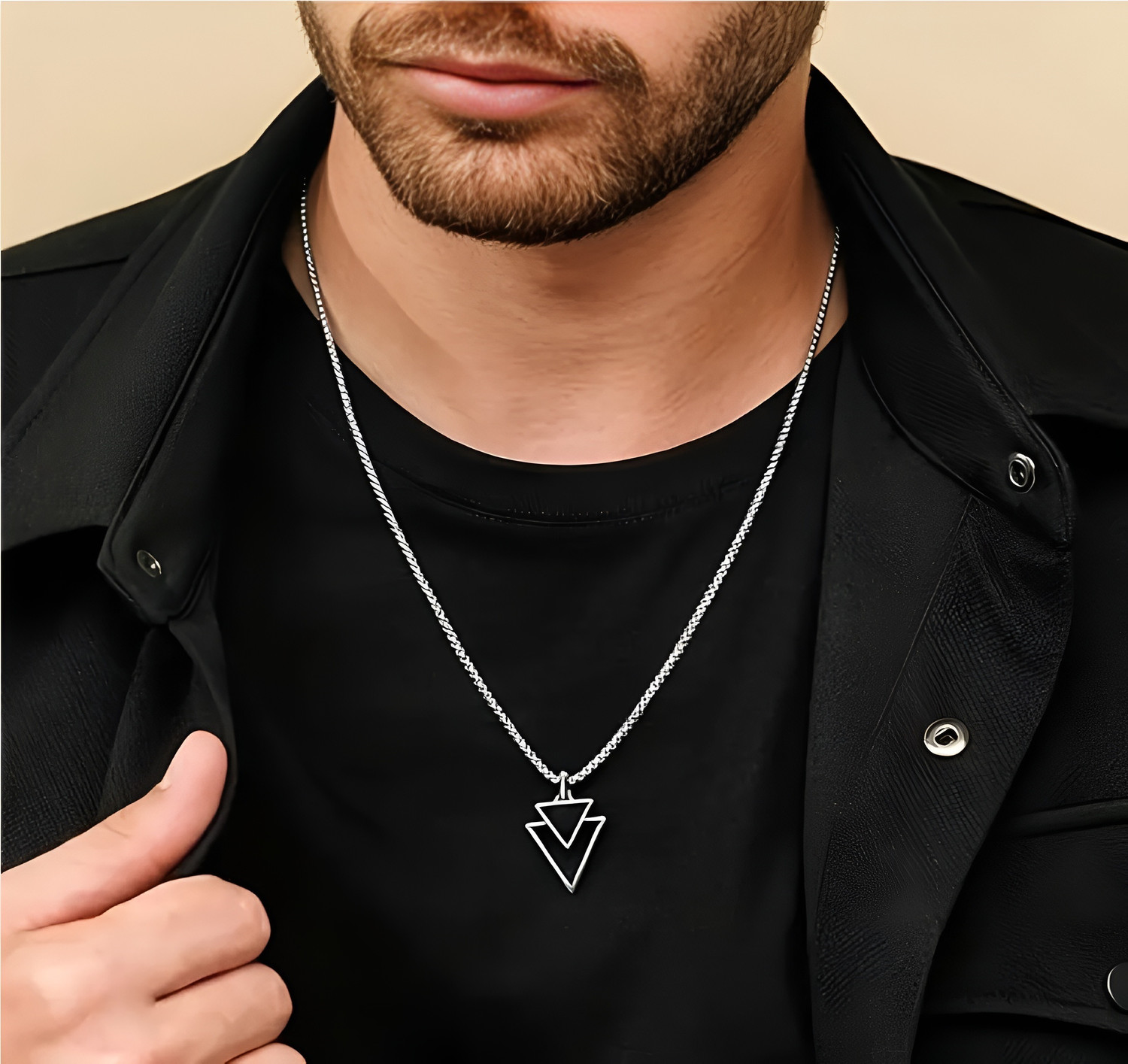 Image of Ruhi Collection Men's Geometric Double Traingle Silver Pendant with Chain Silver Alloy, Stainless Steel Pendant