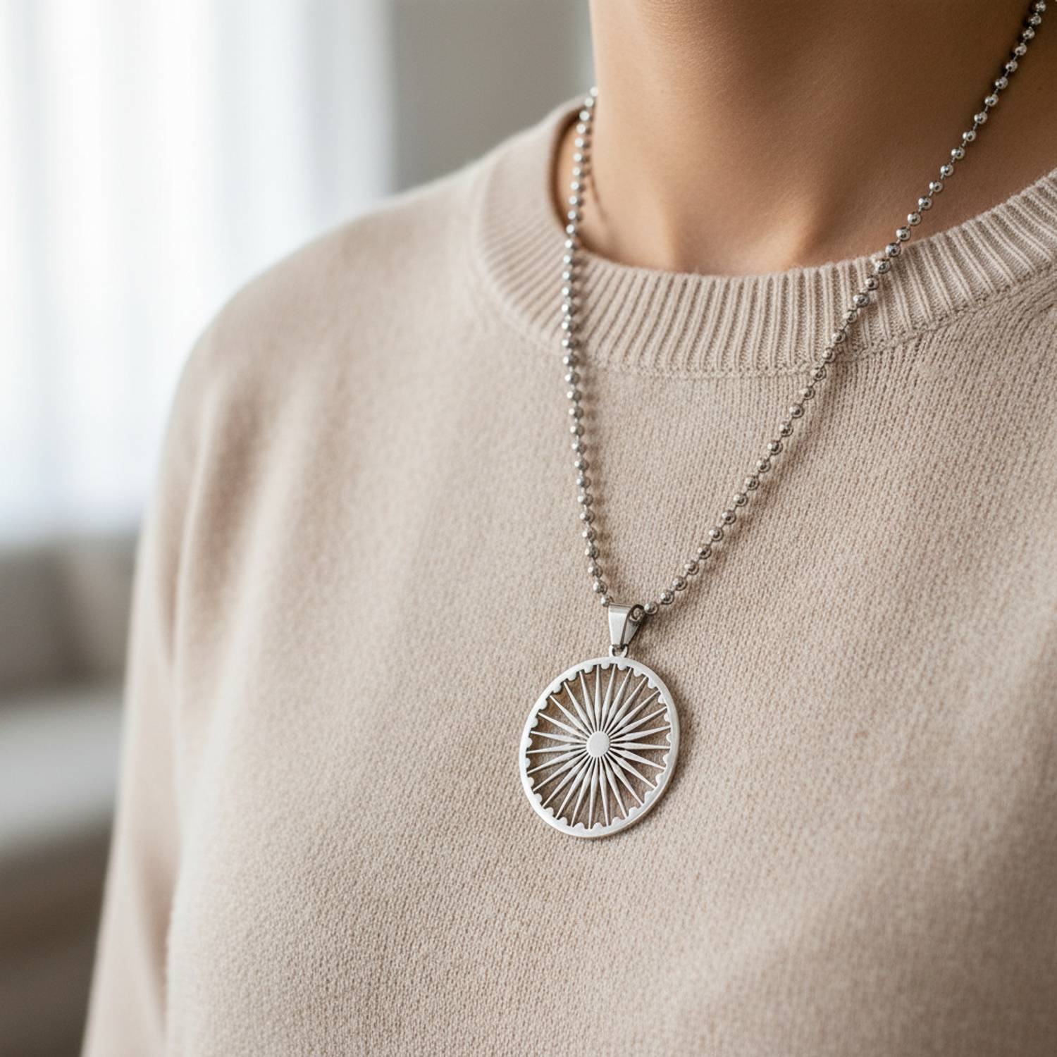 Abhiora Fashion Symbol of Dharmachakra Stainless Steel Bead Chain Pendnet for Men and Women Stainless Steel Pendant