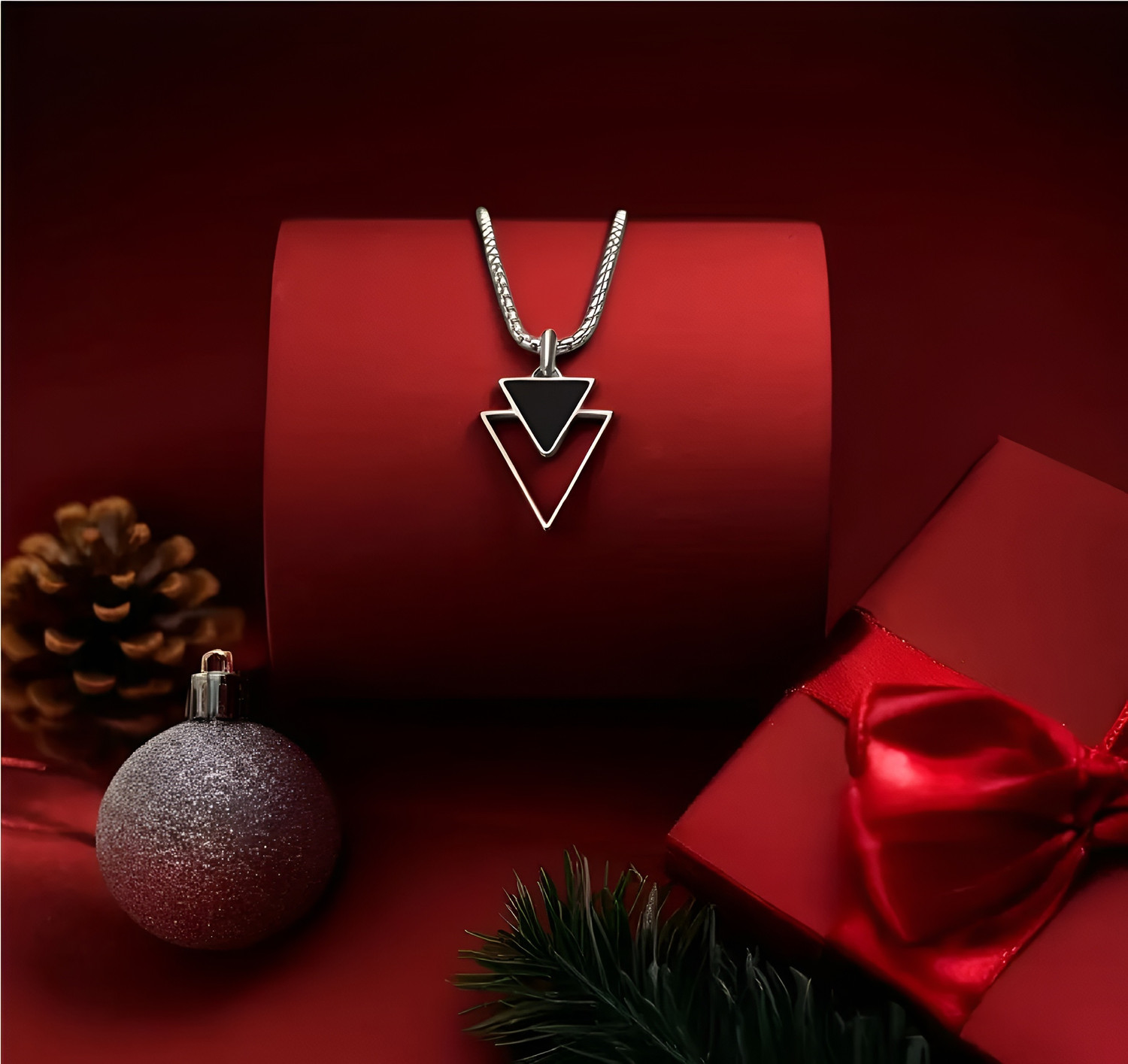 Image of Ruhi Collection Men's Geometric Double Traingle Silver Pendant with Chain Silver Alloy, Stainless Steel Pendant