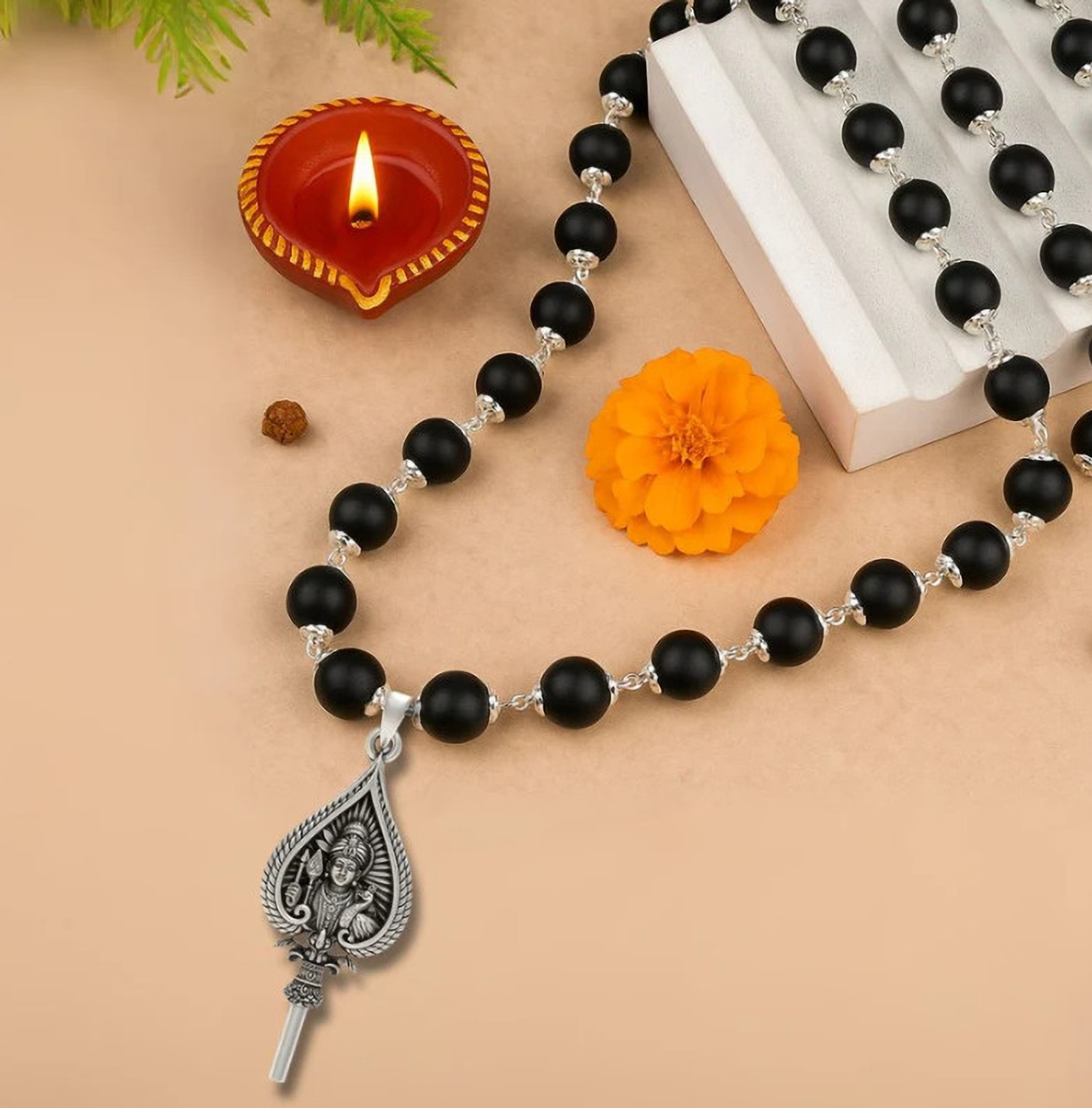Image of SR HANDICRAFT Original Karungali Mala with Lord Murugan Pendant for Positive Energy|Protection Wood, Silver