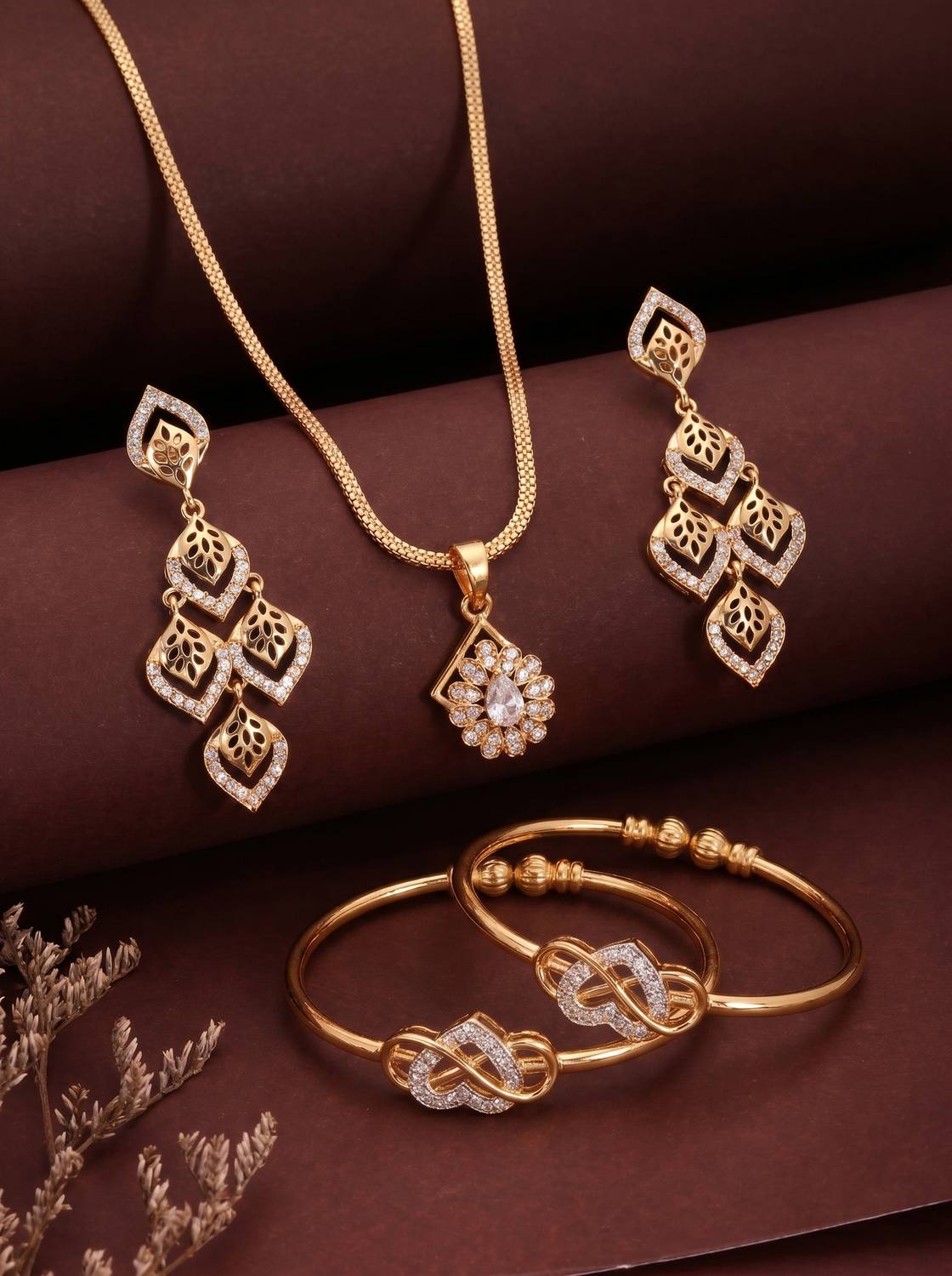brado jewellery Pack of 1 Gold Plated AD Pendant Necklace with 1 pair Earrings & 1 pair Bangles Gold-plated Diamond Brass Pendant Set