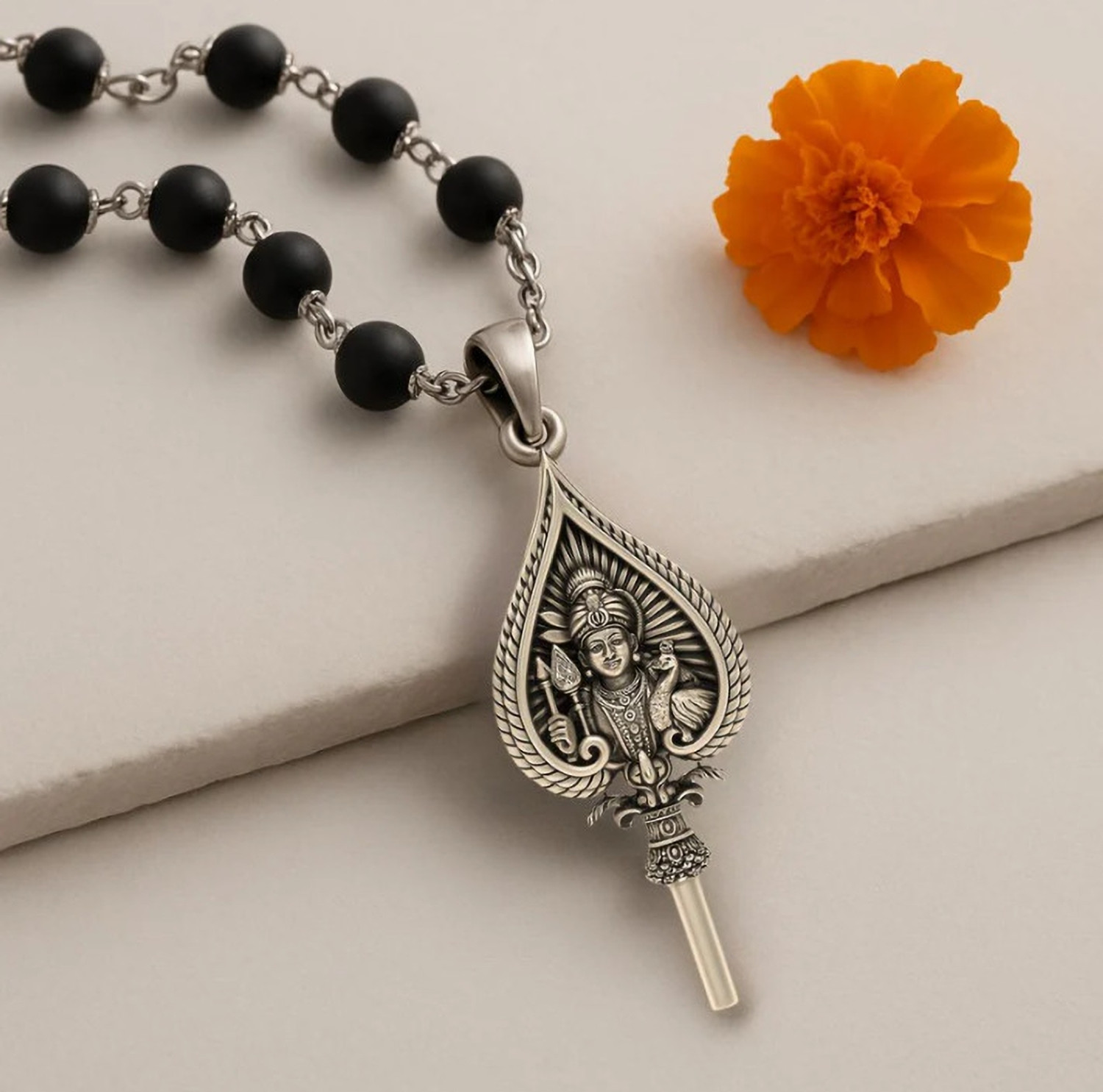Image of SR HANDICRAFT Original Karungali Mala with Lord Murugan Pendant for Positive Energy|Protection Wood, Silver
