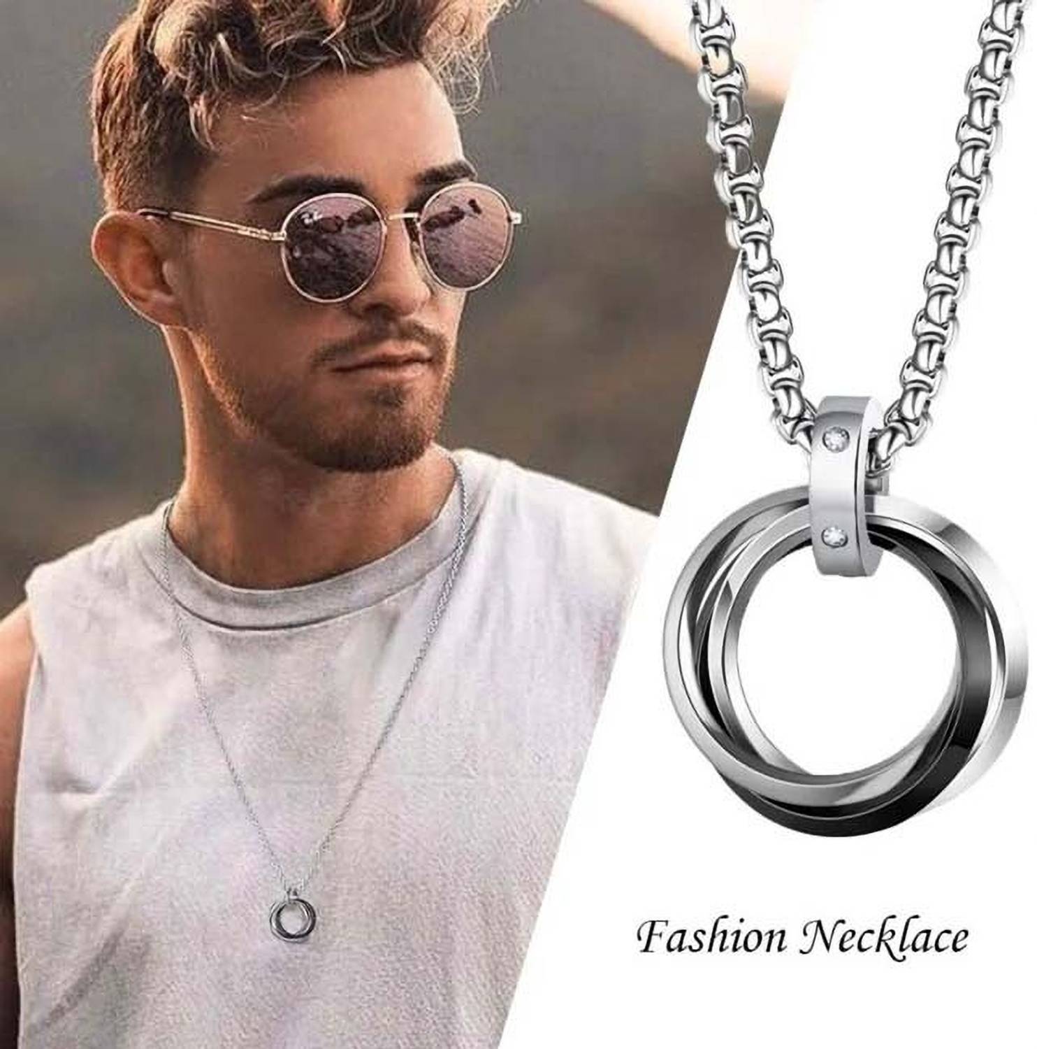 zebisco Men's Stainless Steel Interlocking Double Ring Pendant